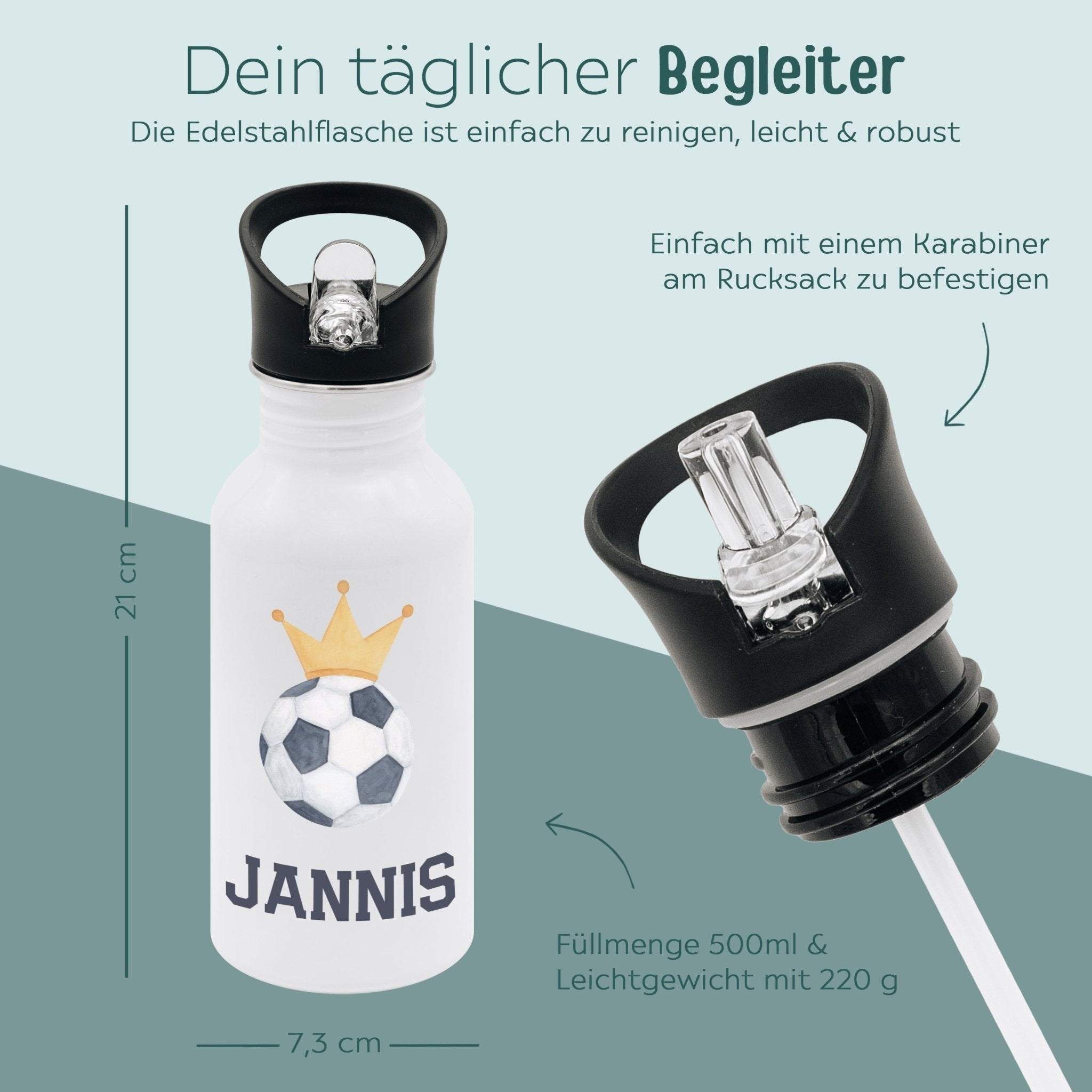 Kinder Trinkflasche weiß mit Trinkhalm personalisiert - Fußball Trikot Aquarell - wunderwunsch