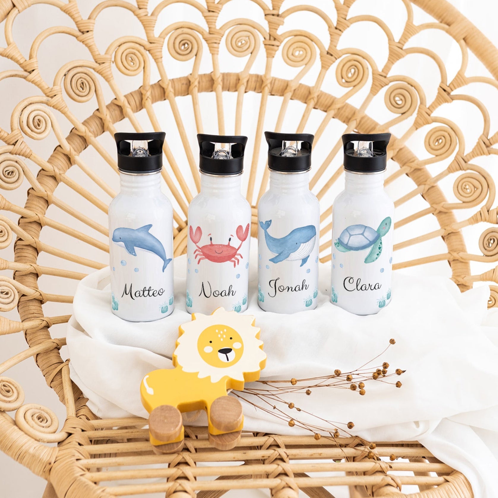 Kinder Trinkflasche weiß mit Trinkhalm personalisiert - Meerestier Aquarell - wunderwunsch
