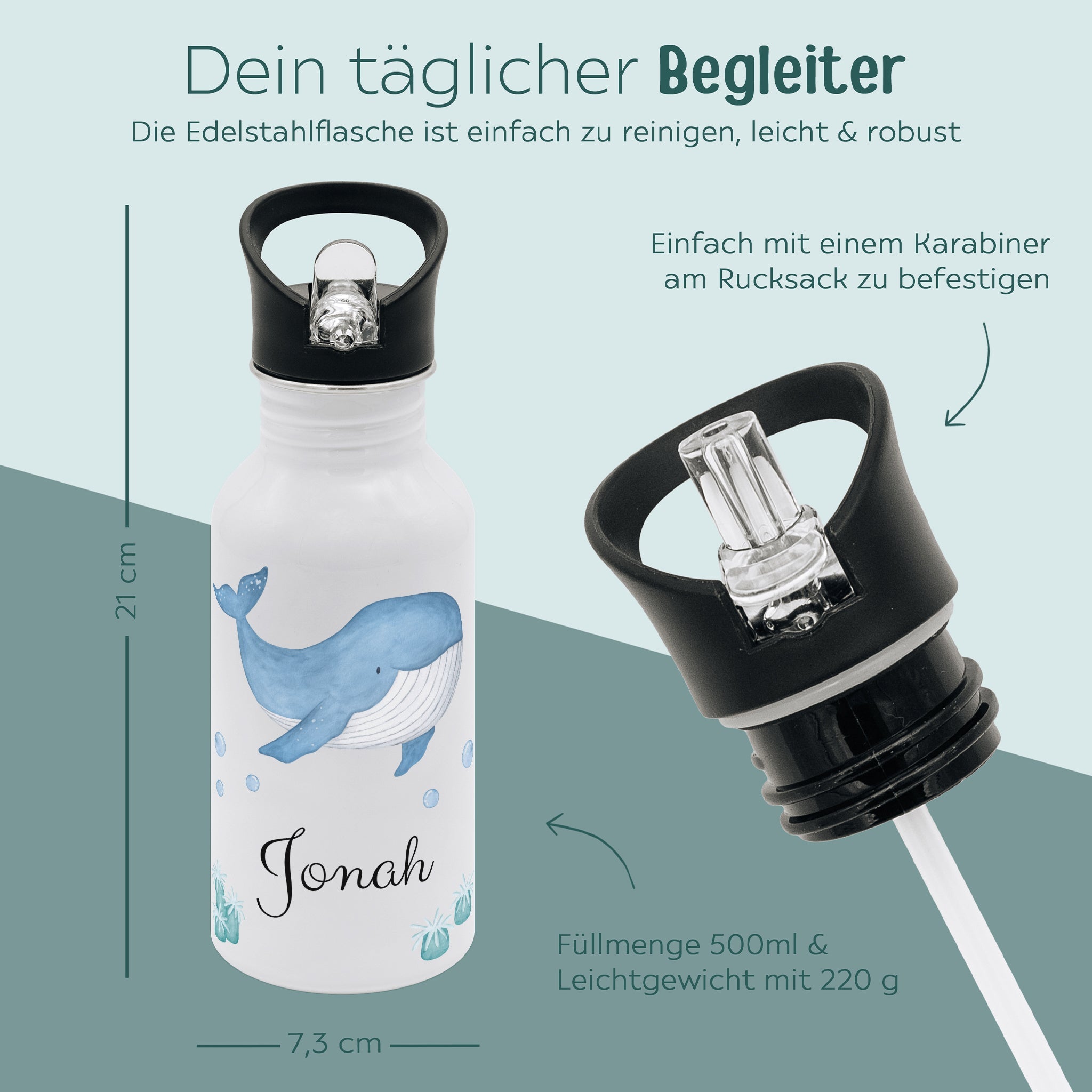 Kinder Trinkflasche weiß mit Trinkhalm personalisiert - Meerestier Aquarell - wunderwunsch
