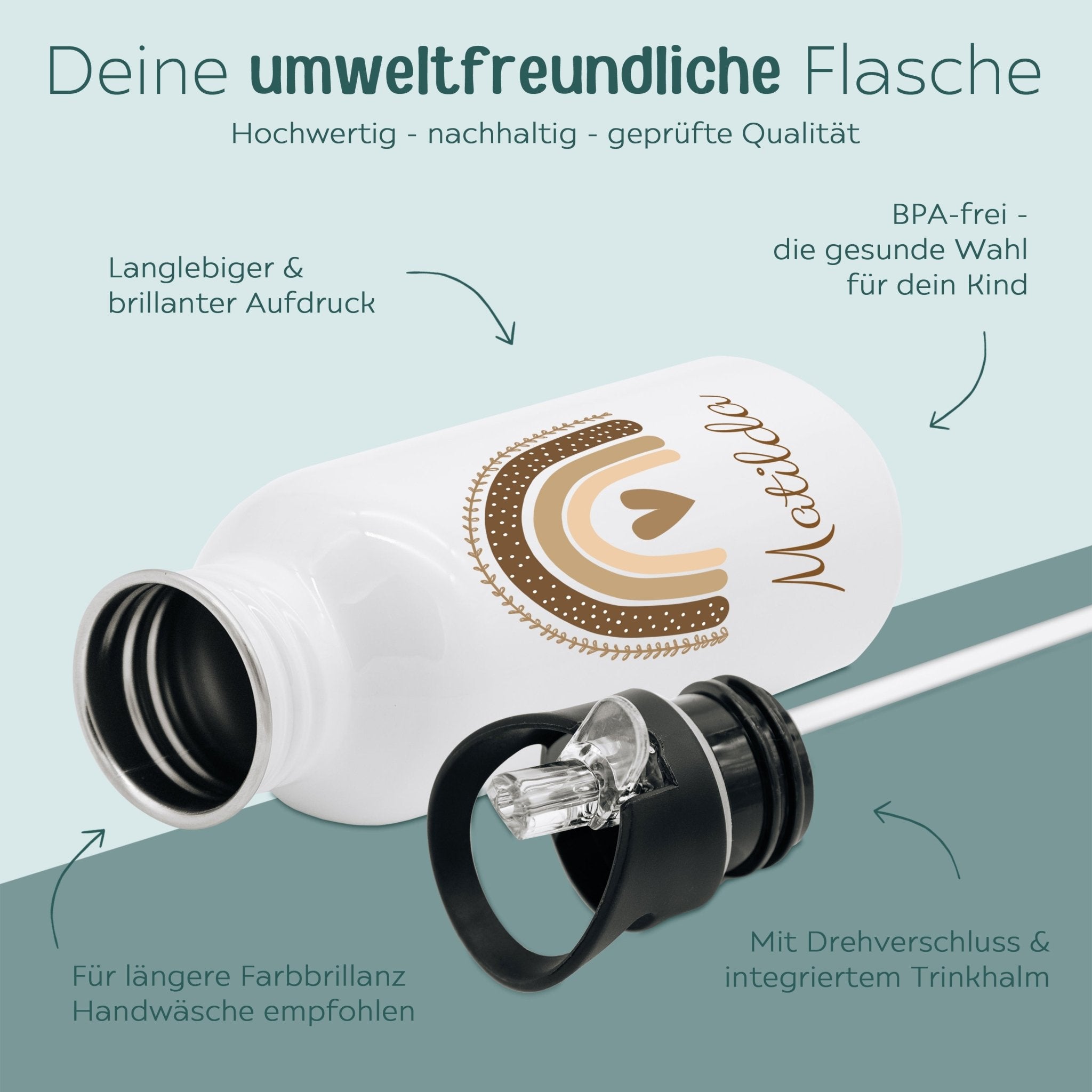 Kinder Trinkflasche weiß mit Trinkhalm personalisiert - Regenbogen beige Aquarell - wunderwunsch