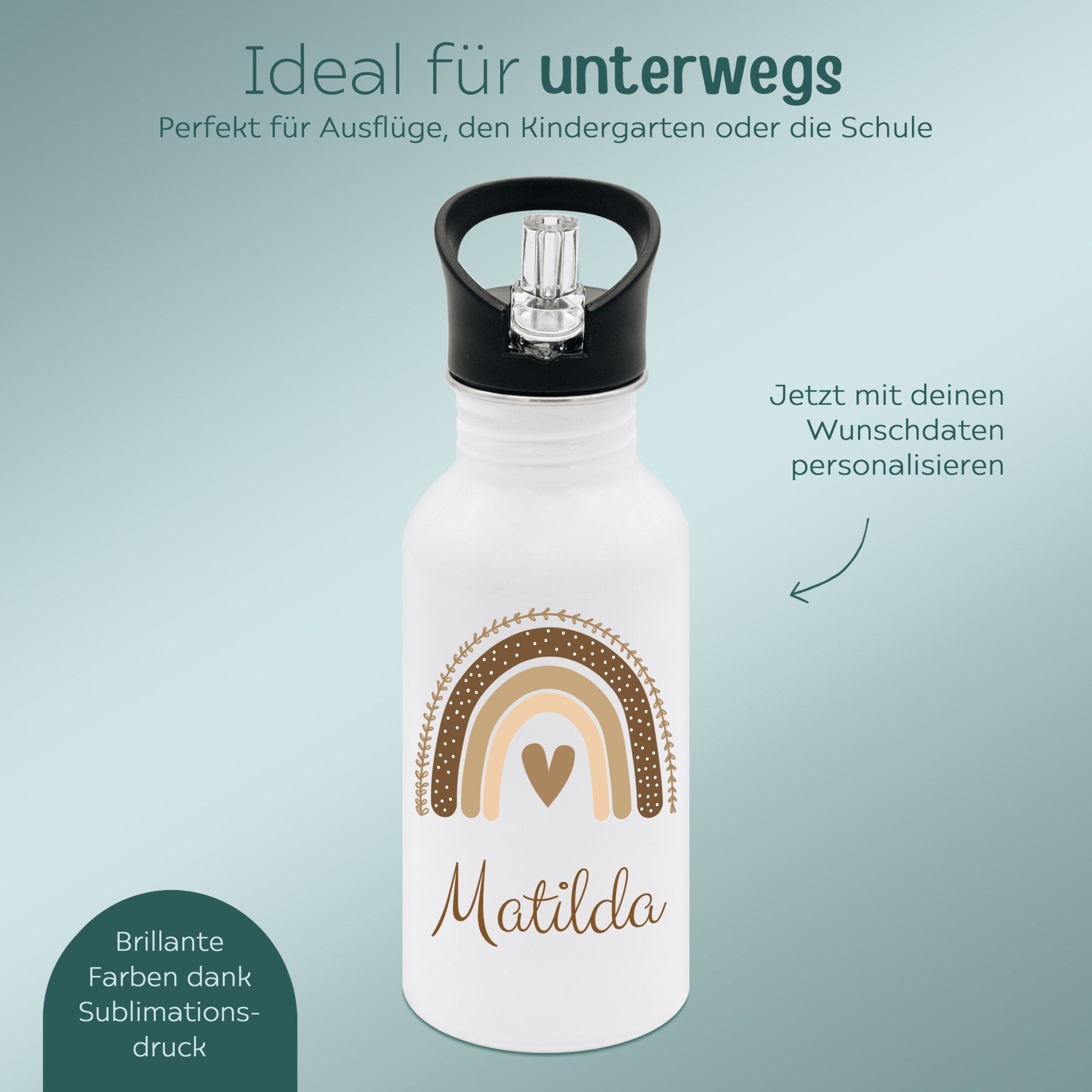 Kinder Trinkflasche weiß mit Trinkhalm personalisiert - Regenbogen beige Aquarell - wunderwunsch