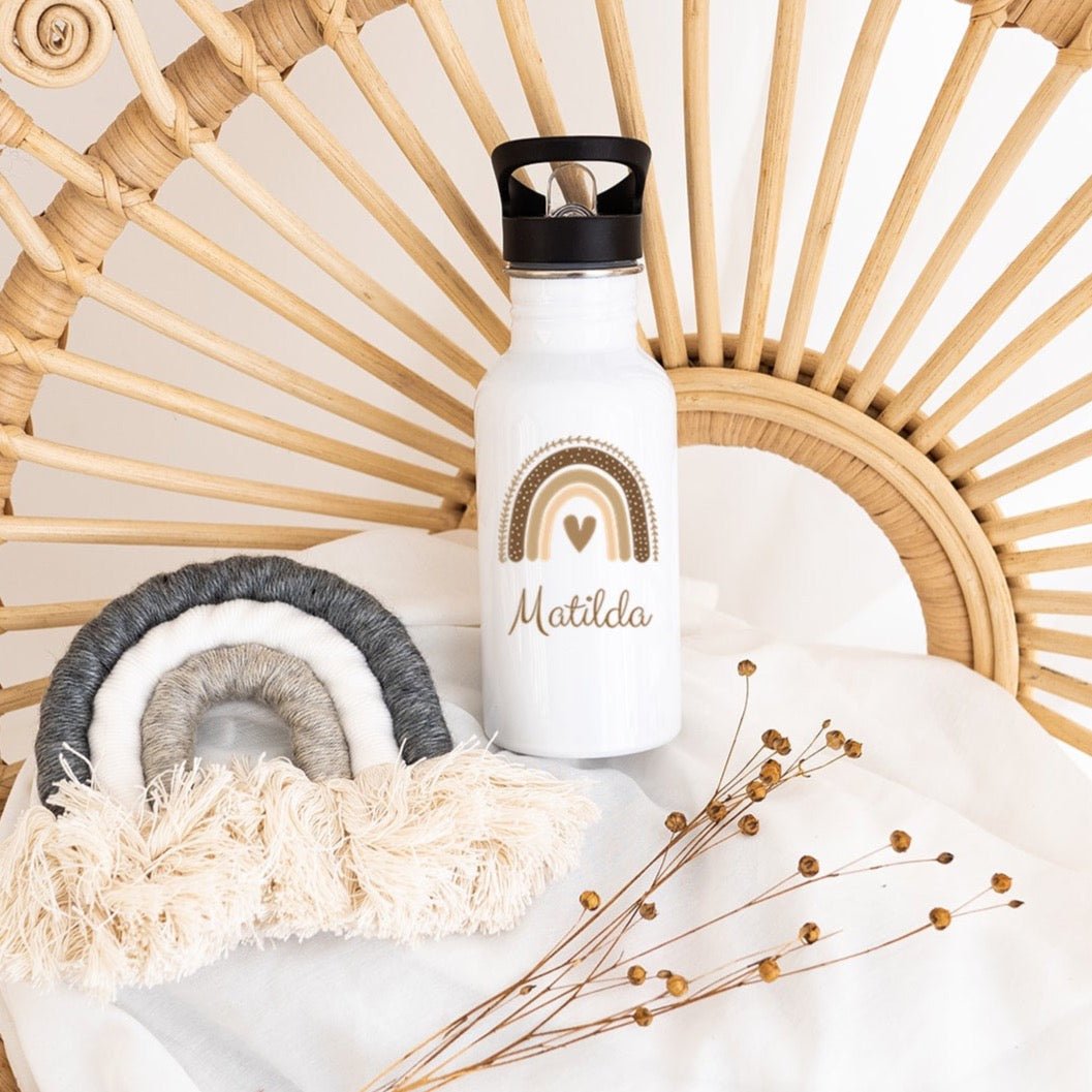 Kinder Trinkflasche weiß mit Trinkhalm personalisiert - Regenbogen beige Aquarell - wunderwunsch