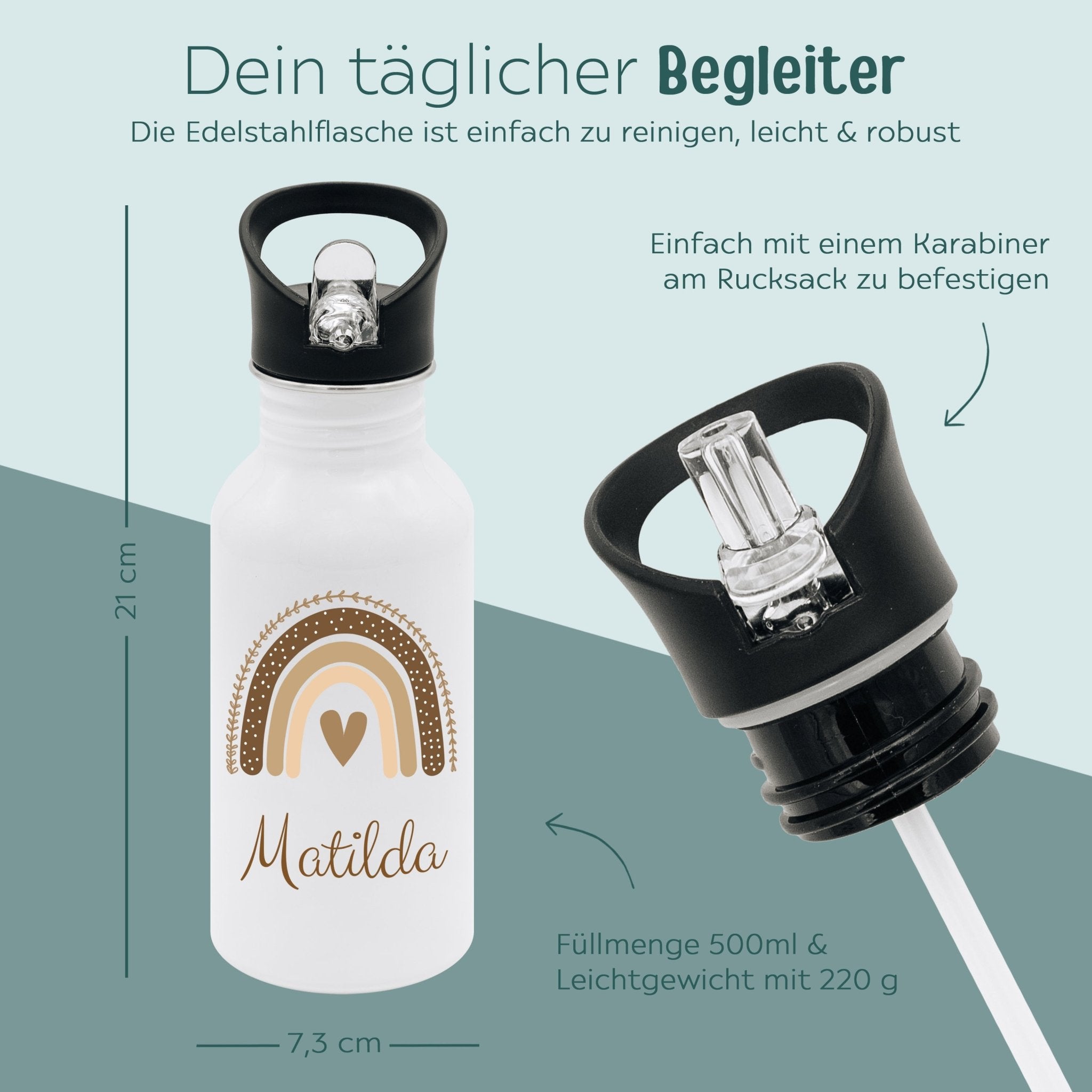 Kinder Trinkflasche weiß mit Trinkhalm personalisiert - Regenbogen beige Aquarell - wunderwunsch