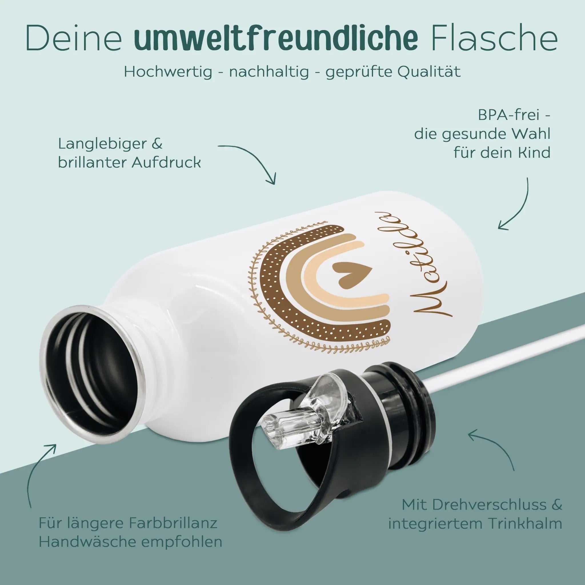 Kinder Trinkflasche weiß mit Trinkhalm personalisiert - Regenbogen Boho beige Aquarell - wunderwunsch