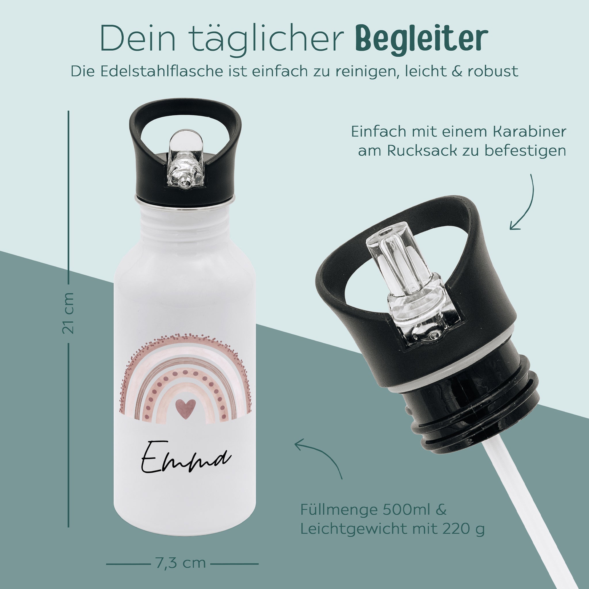 Kinder Trinkflasche weiß mit Trinkhalm personalisiert - Regenbogen Punkte Aquarell - wunderwunsch
