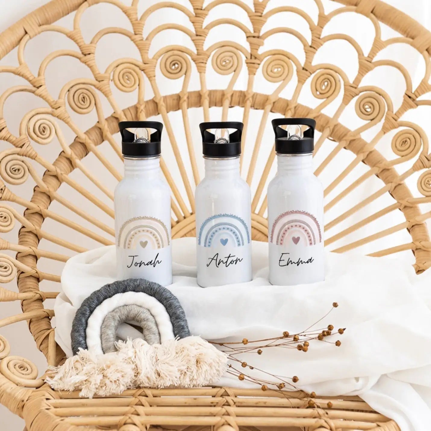 Kinder Trinkflasche weiß mit Trinkhalm personalisiert - Regenbogen Punkte Aquarell - wunderwunsch