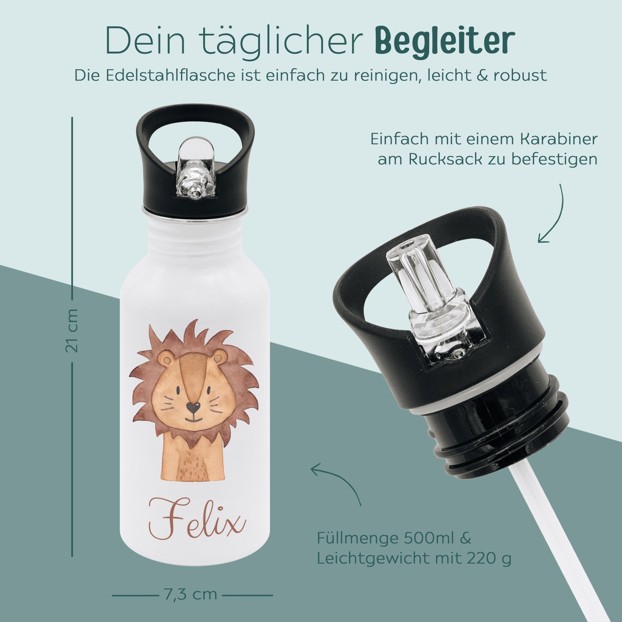 Kinder Trinkflasche weiß mit Trinkhalm personalisiert - Tier Aquarell - wunderwunsch