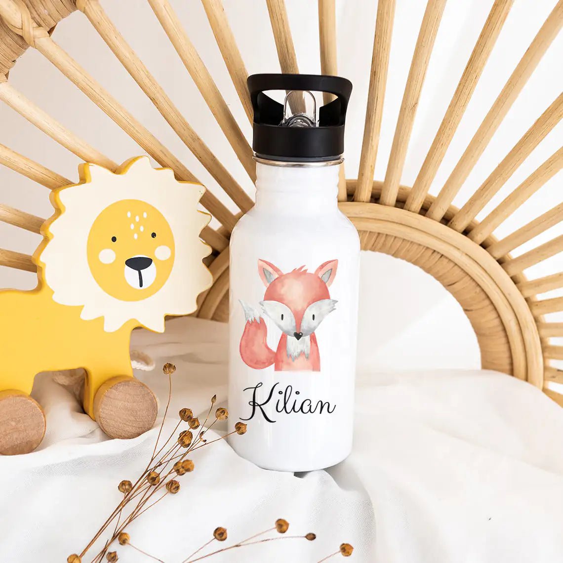 Kinder Trinkflasche weiß mit Trinkhalm personalisiert - Tier Aquarell - wunderwunsch