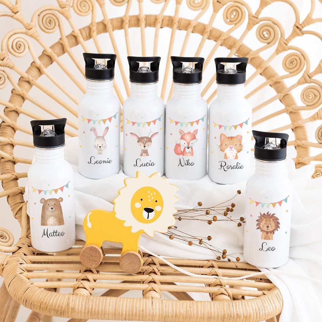 Kinder Trinkflasche weiß mit Trinkhalm personalisiert - Tier Girlande Aquarell - wunderwunsch