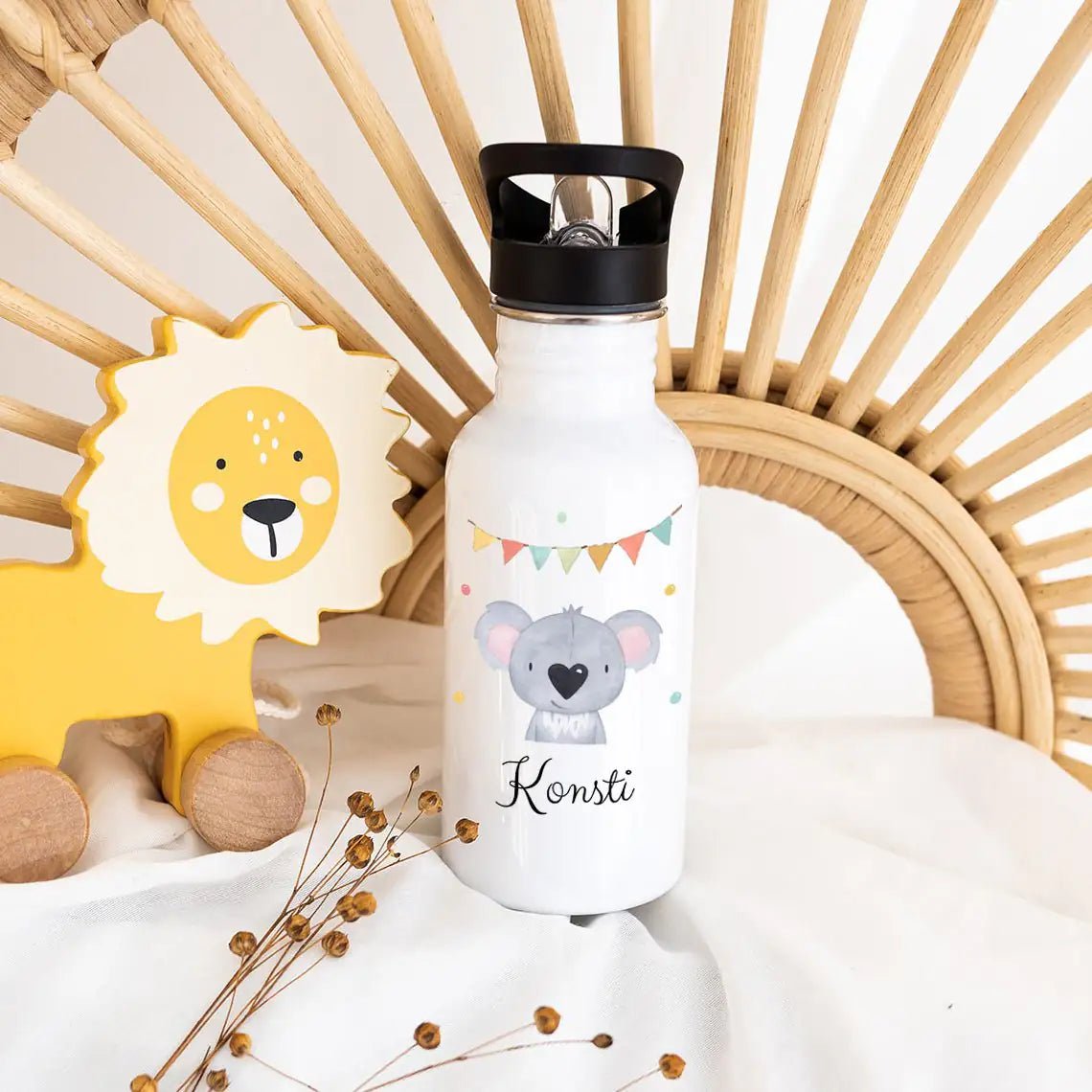 Kinder Trinkflasche weiß mit Trinkhalm personalisiert - Tier Girlande Aquarell - wunderwunsch