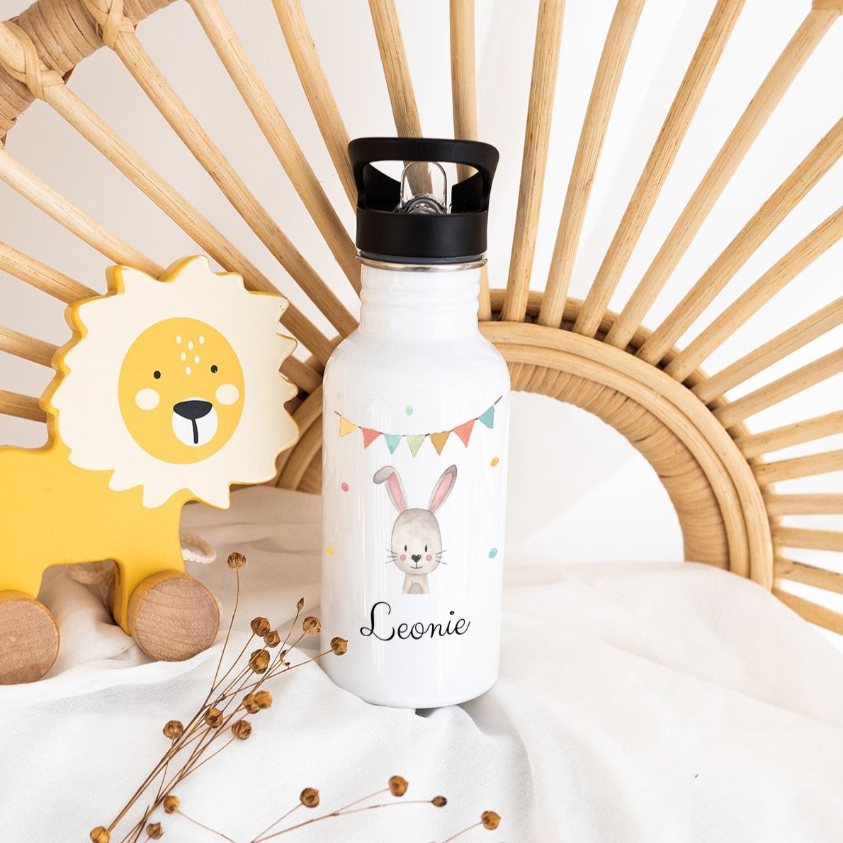 Kinder Trinkflasche weiß mit Trinkhalm personalisiert - Tier Girlande Aquarell - wunderwunsch