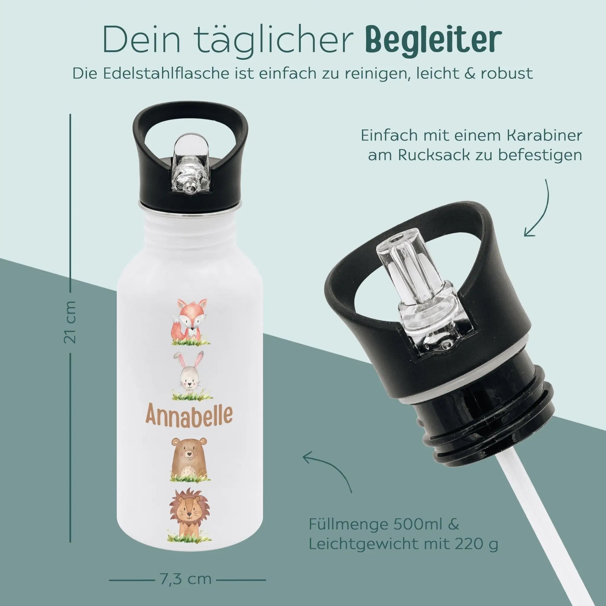 Kinder Trinkflasche weiß mit Trinkhalm personalisiert - Waldtiere untereinander Aquarell - wunderwunsch