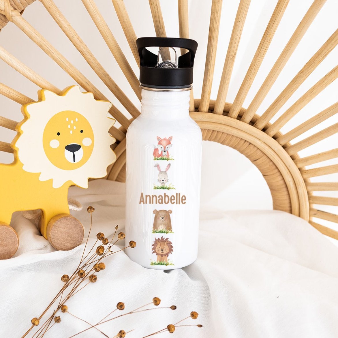 Kinder Trinkflasche weiß mit Trinkhalm personalisiert - Waldtiere untereinander Aquarell - wunderwunsch