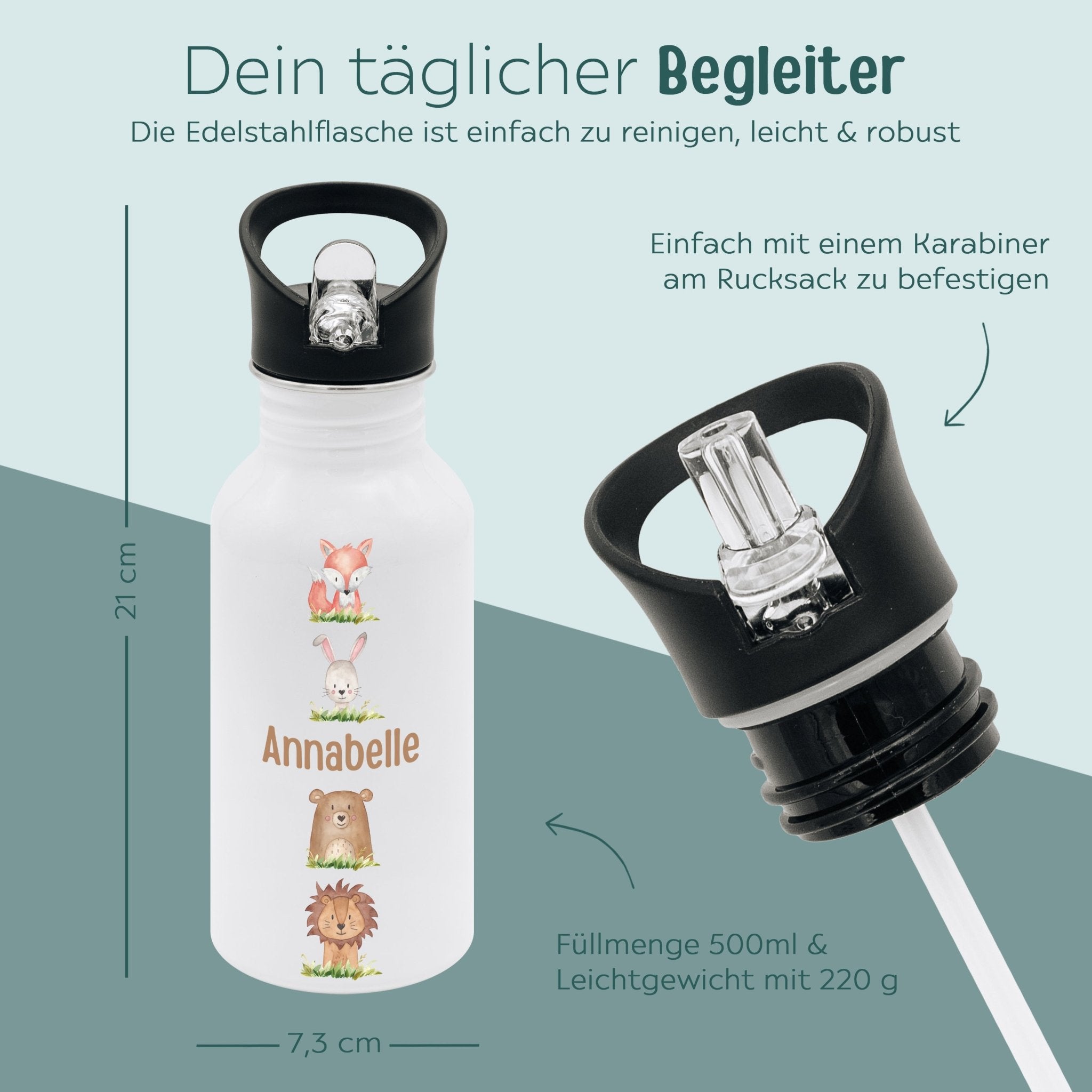 Kinder Trinkflasche weiß mit Trinkhalm personalisiert - Waldtiere untereinander Aquarell - wunderwunsch