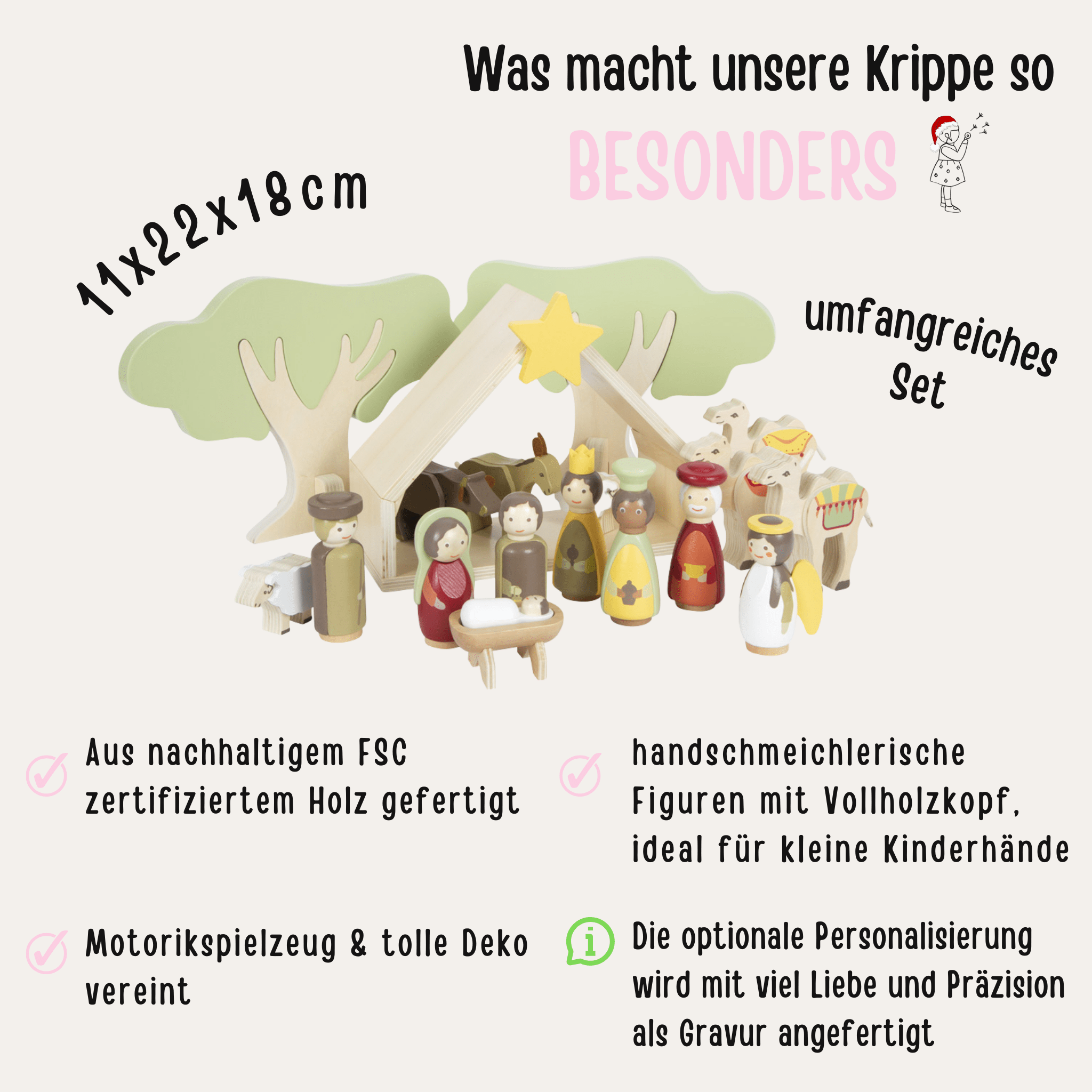 Kinder Weihnachtskrippe Holz personalisiert - wunderwunsch