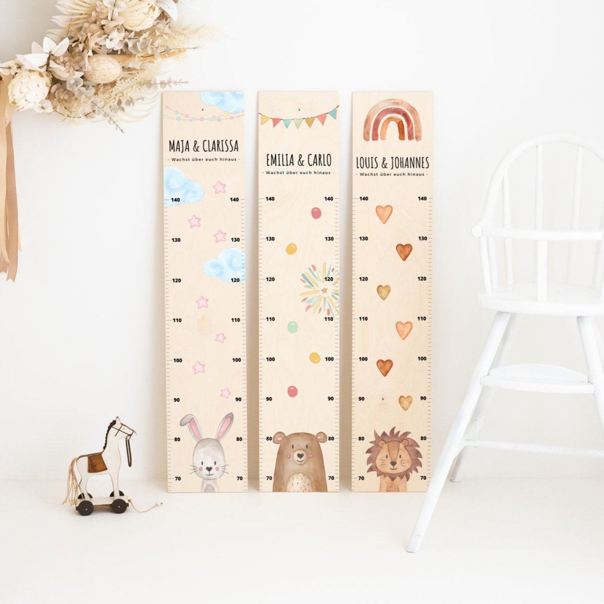 Kindermesslatte Geschwister Holz personalisiert - Tier Aquarell - wunderwunsch