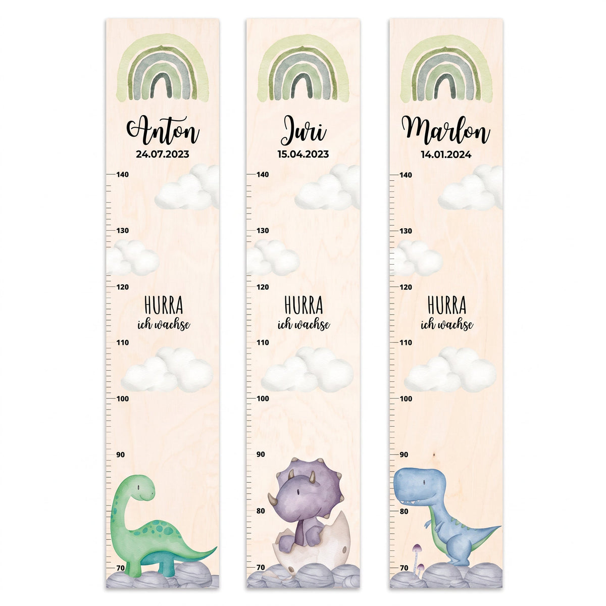 Kindermesslatte Holz personalisiert - Dinosaurier Aquarell - wunderwunsch