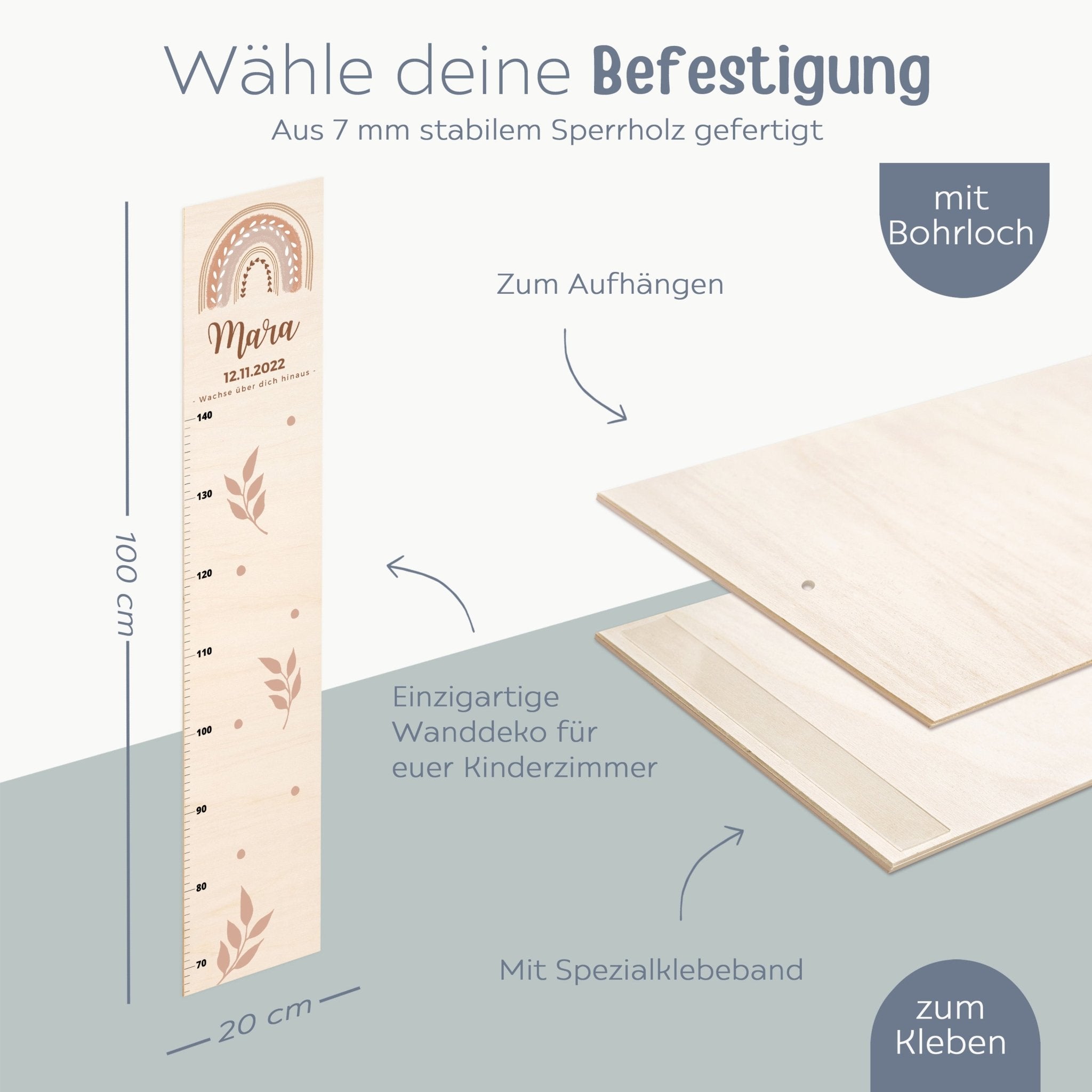 Kindermesslatte Holz personalisiert - Regenbogen Boho pastell Aquarell - wunderwunsch