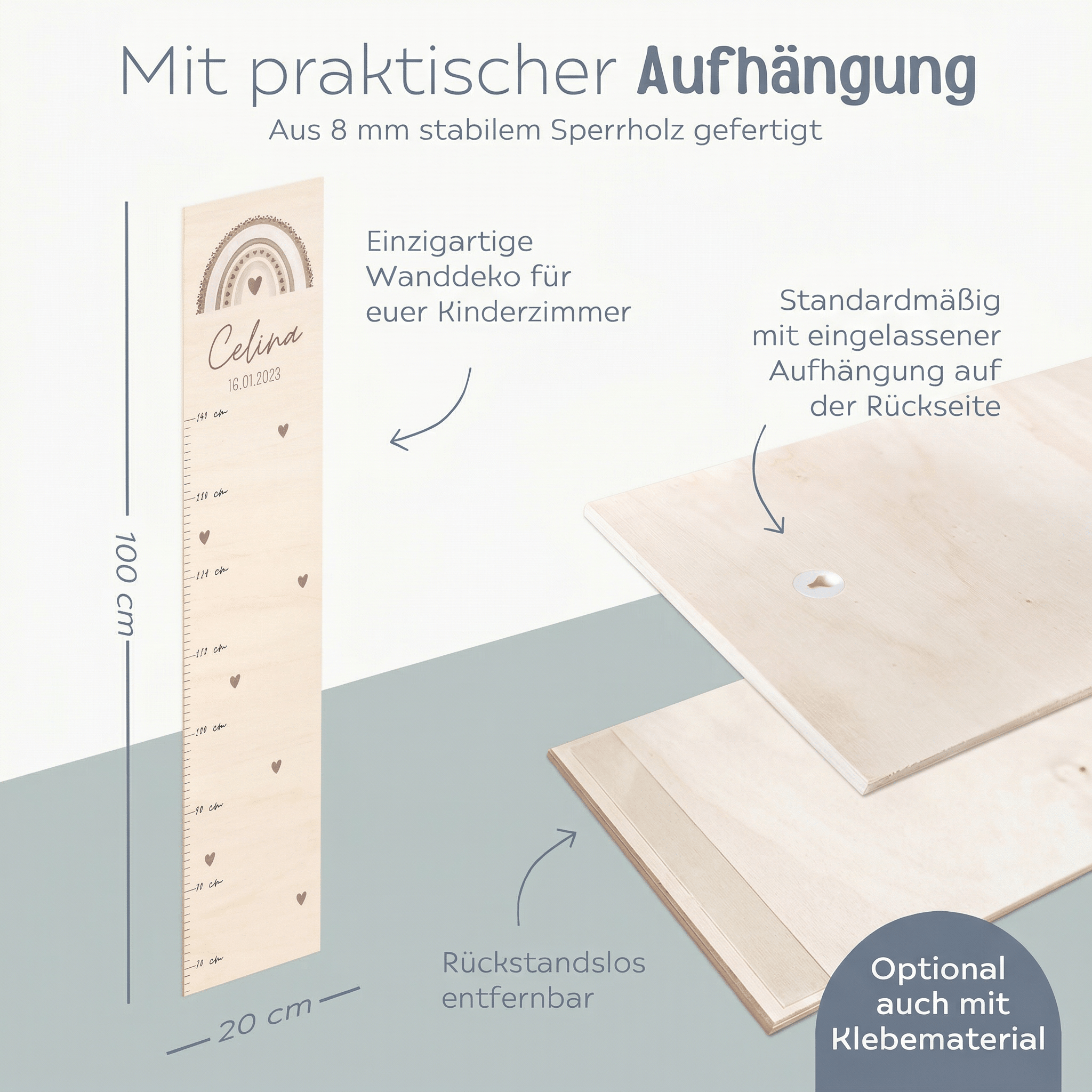 Kindermesslatte Holz personalisiert - Regenbogen Punkte Aquarell - wunderwunsch