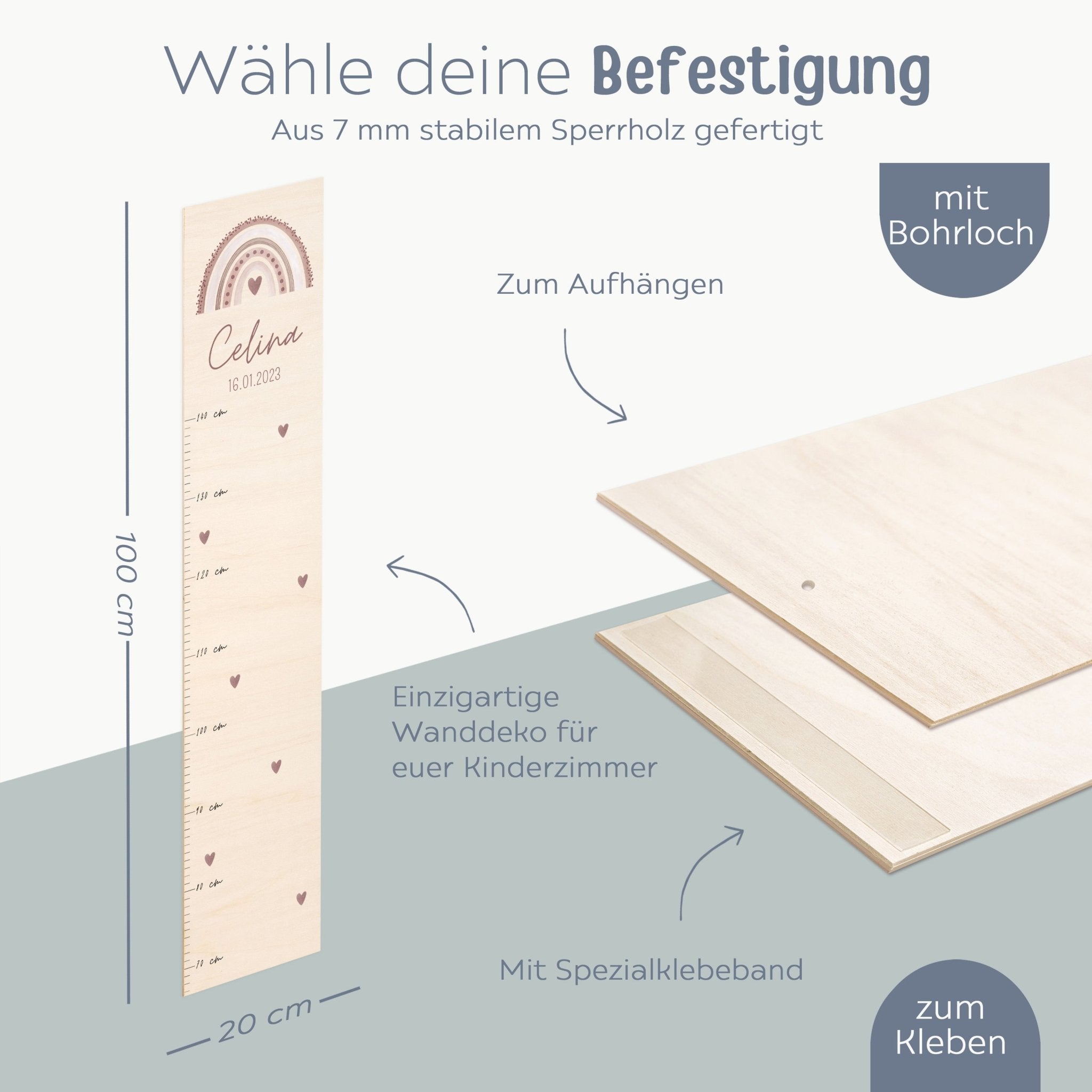 Kindermesslatte Holz personalisiert - Regenbogen Punkte Aquarell - wunderwunsch