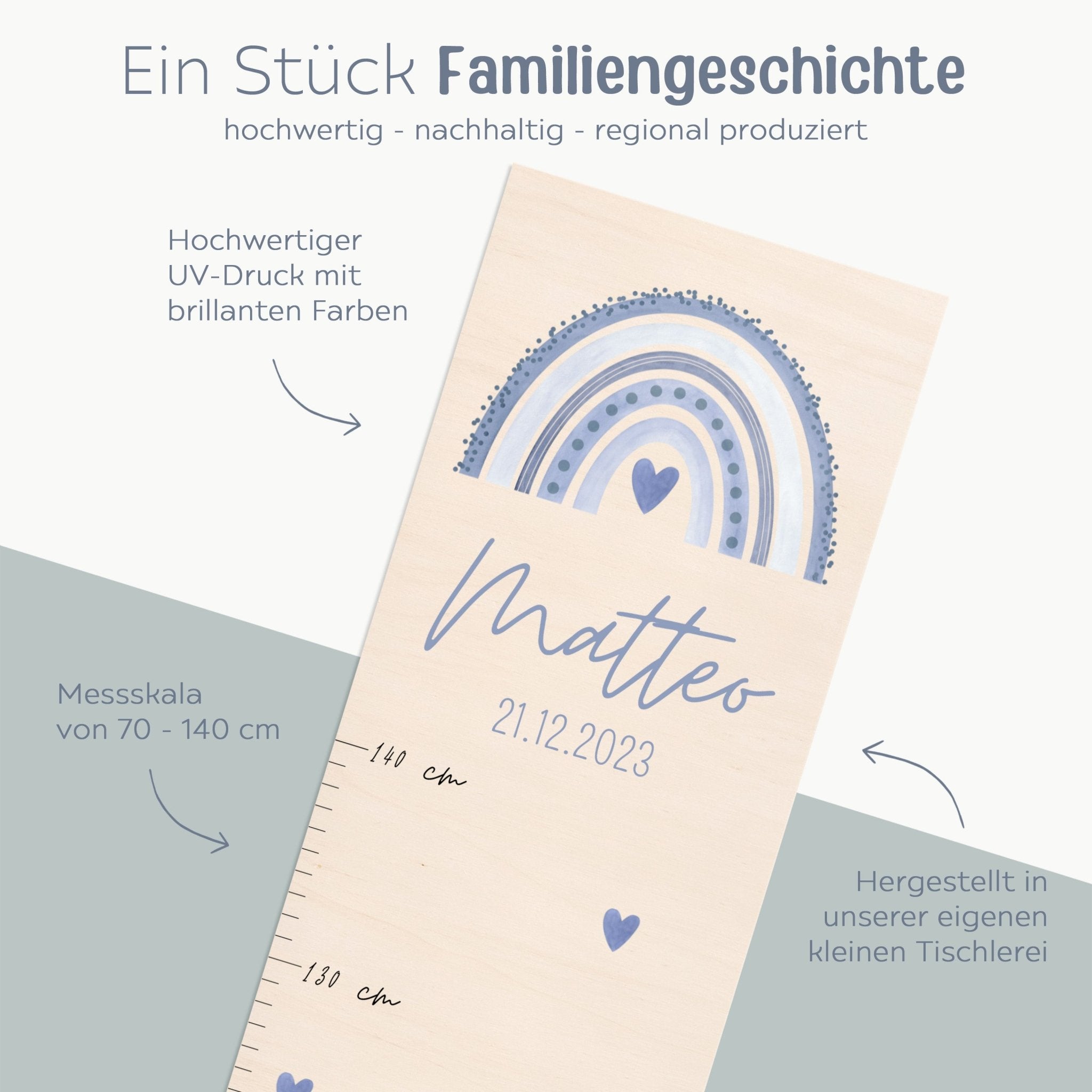 Kindermesslatte Holz personalisiert - Regenbogen Punkte Aquarell - wunderwunsch