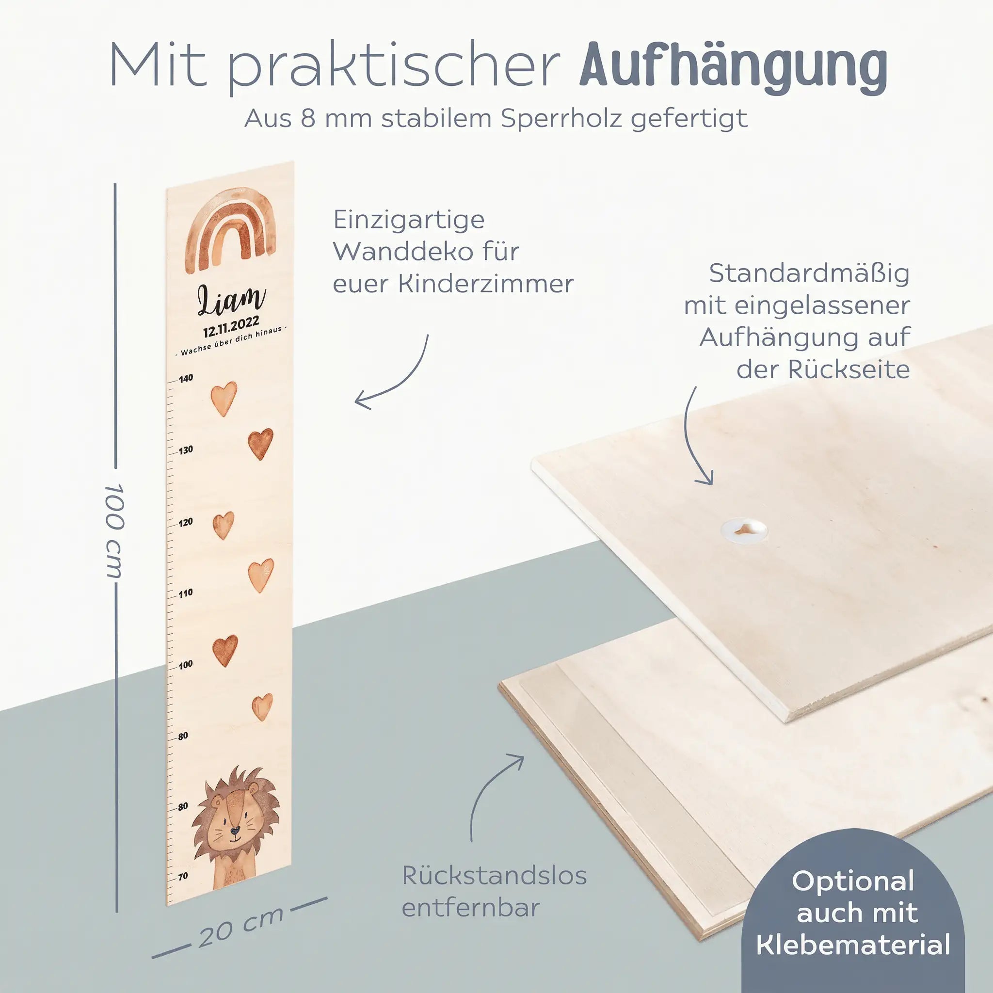 Kindermesslatte Holz personalisiert - Tier Aquarell - wunderwunsch