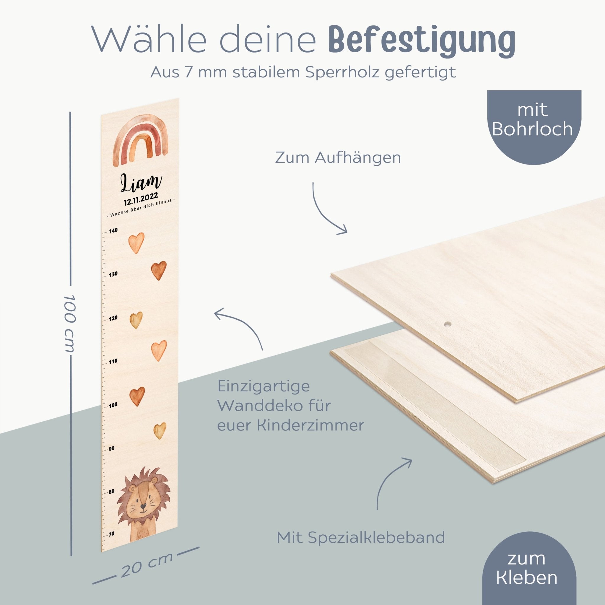 Kindermesslatte Holz personalisiert - Tier Aquarell - wunderwunsch