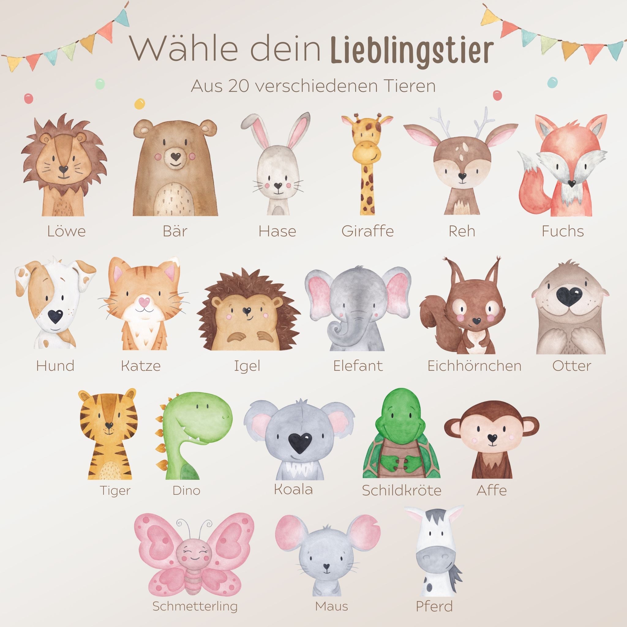 Kindermesslatte Holz personalisiert - Tier Girlande Aquarell - wunderwunsch