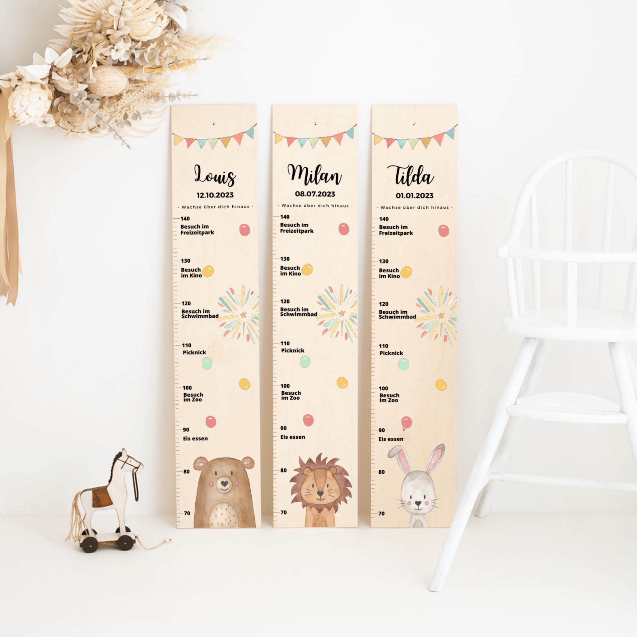 Kindermesslatte Holz personalisiert - Tier "Meilensteine" Aquarell - wunderwunsch