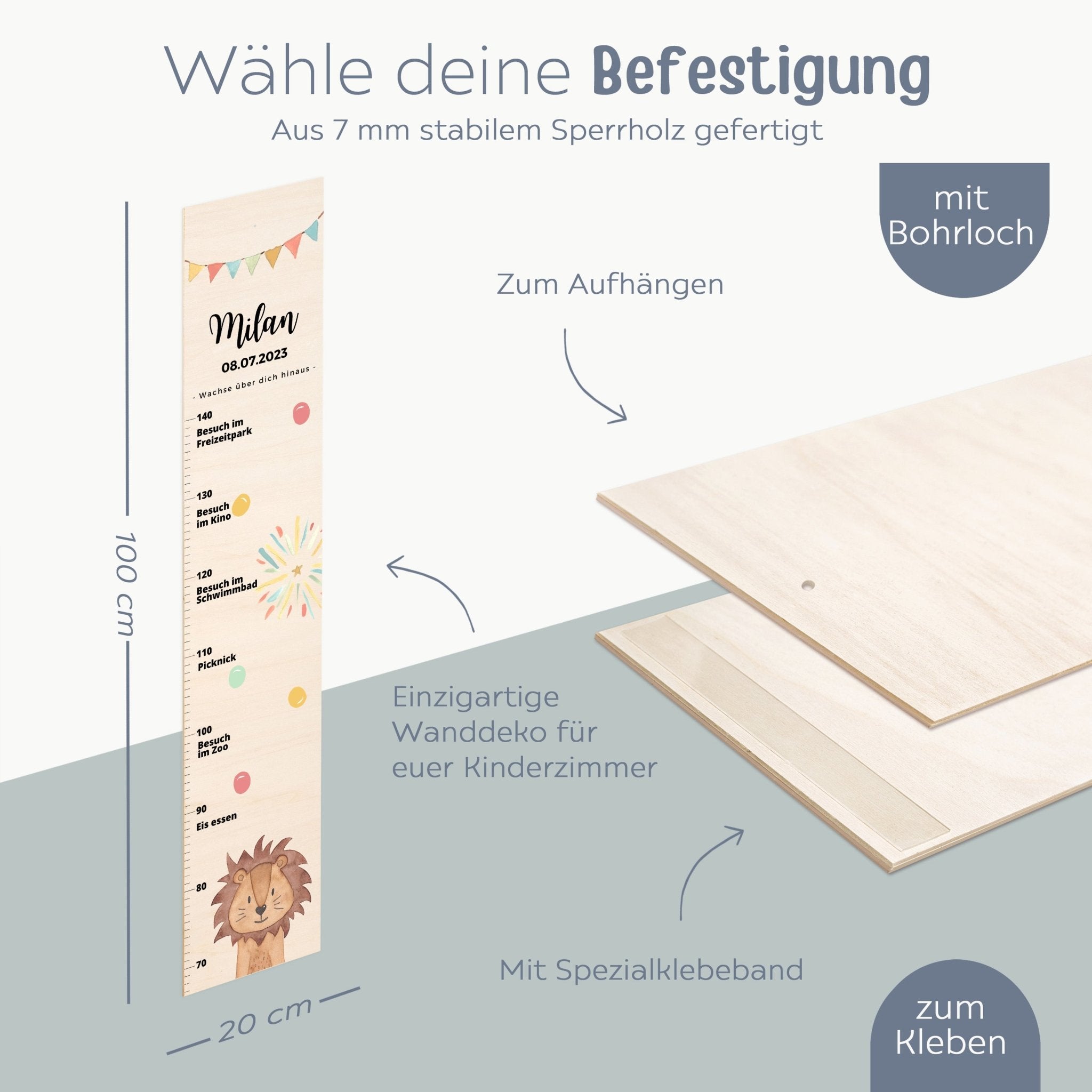 Kindermesslatte Holz personalisiert - Tier "Meilensteine" Aquarell - wunderwunsch