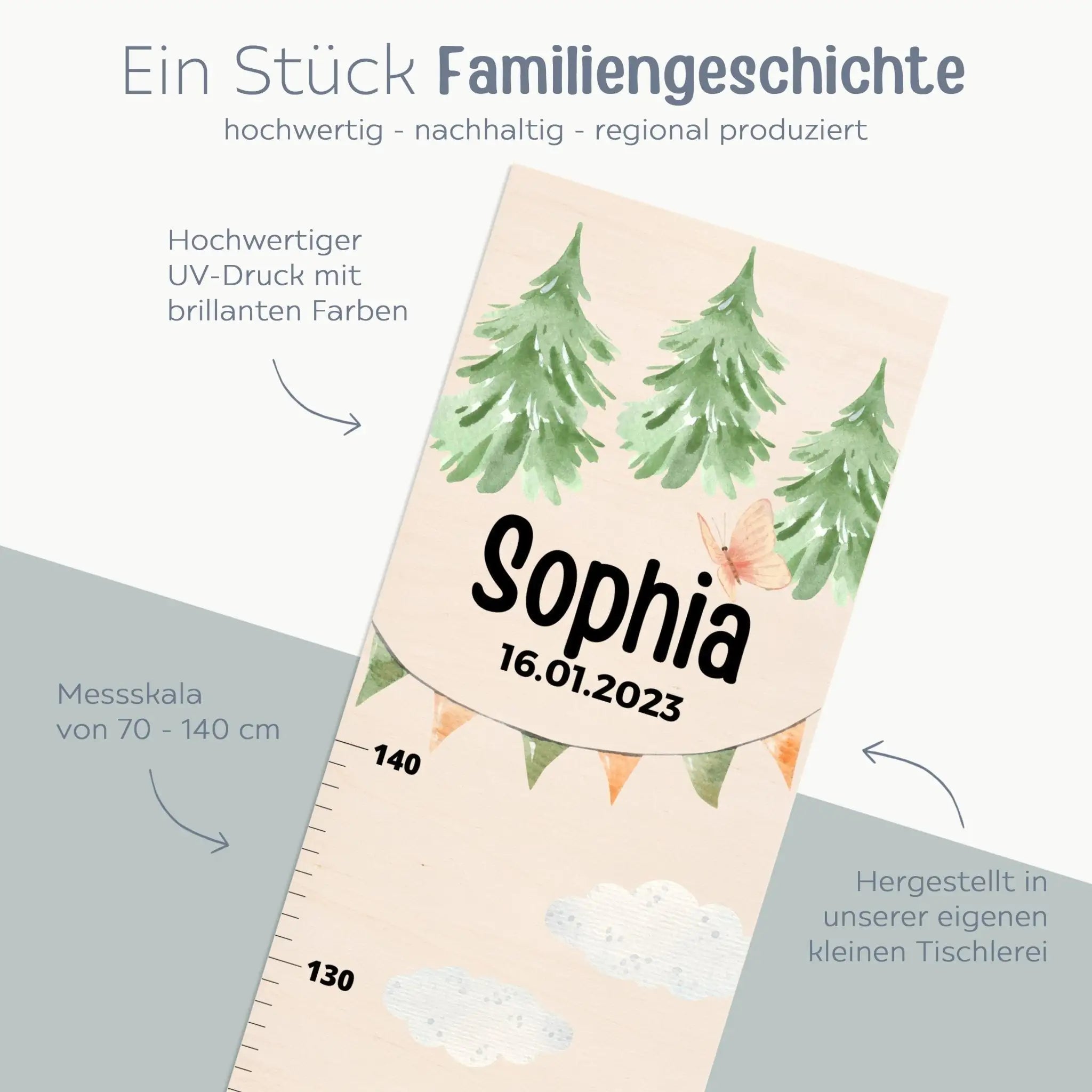 Kindermesslatte Holz personalisiert - Tier Wald Aquarell - wunderwunsch