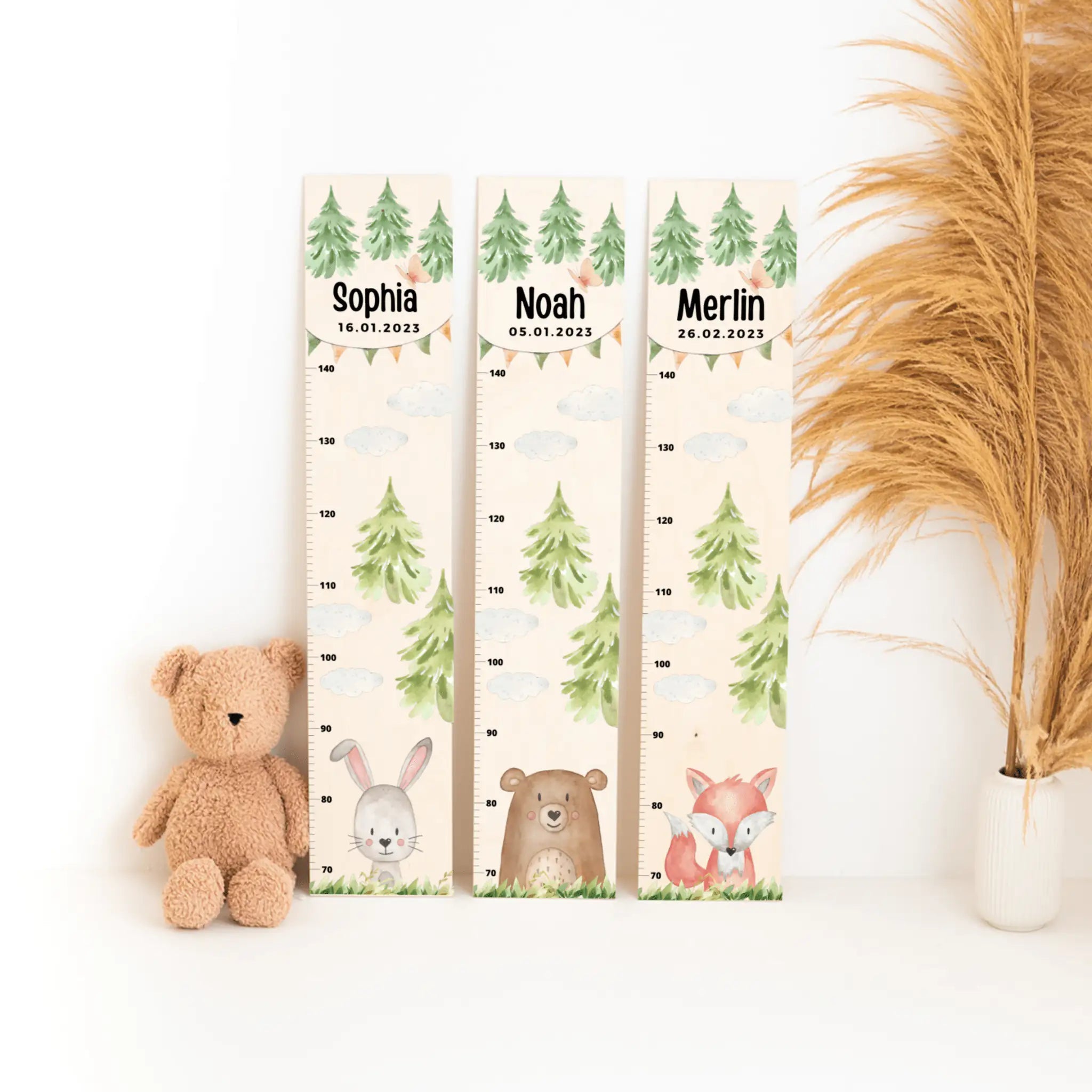 Kindermesslatte Holz personalisiert - Tier Wald Aquarell - wunderwunsch