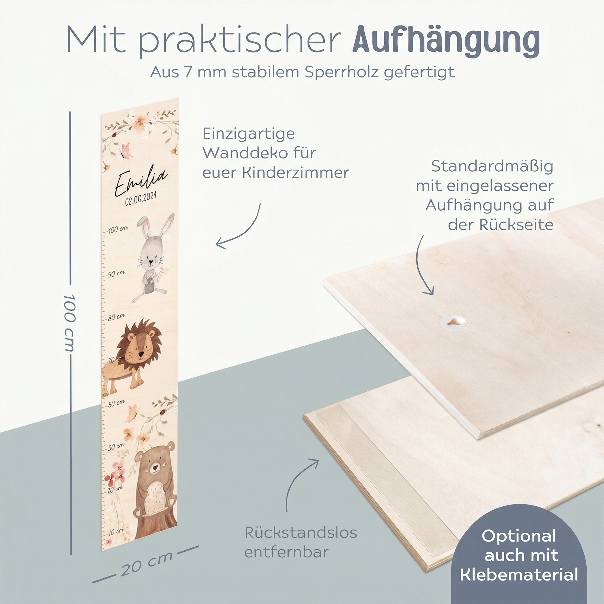 Kindermesslatte Holz personalisiert - Tiere Blumenkreis Aquarell - wunderwunsch