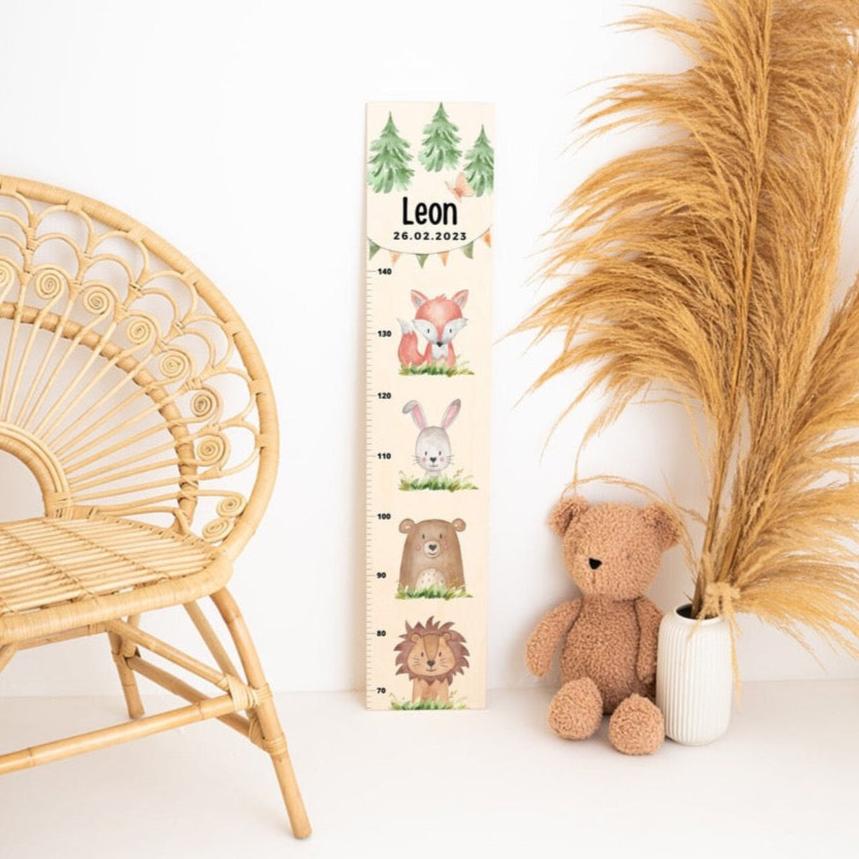 Kindermesslatte Holz personalisiert - Tiere übereinander Wald Aquarell - wunderwunsch
