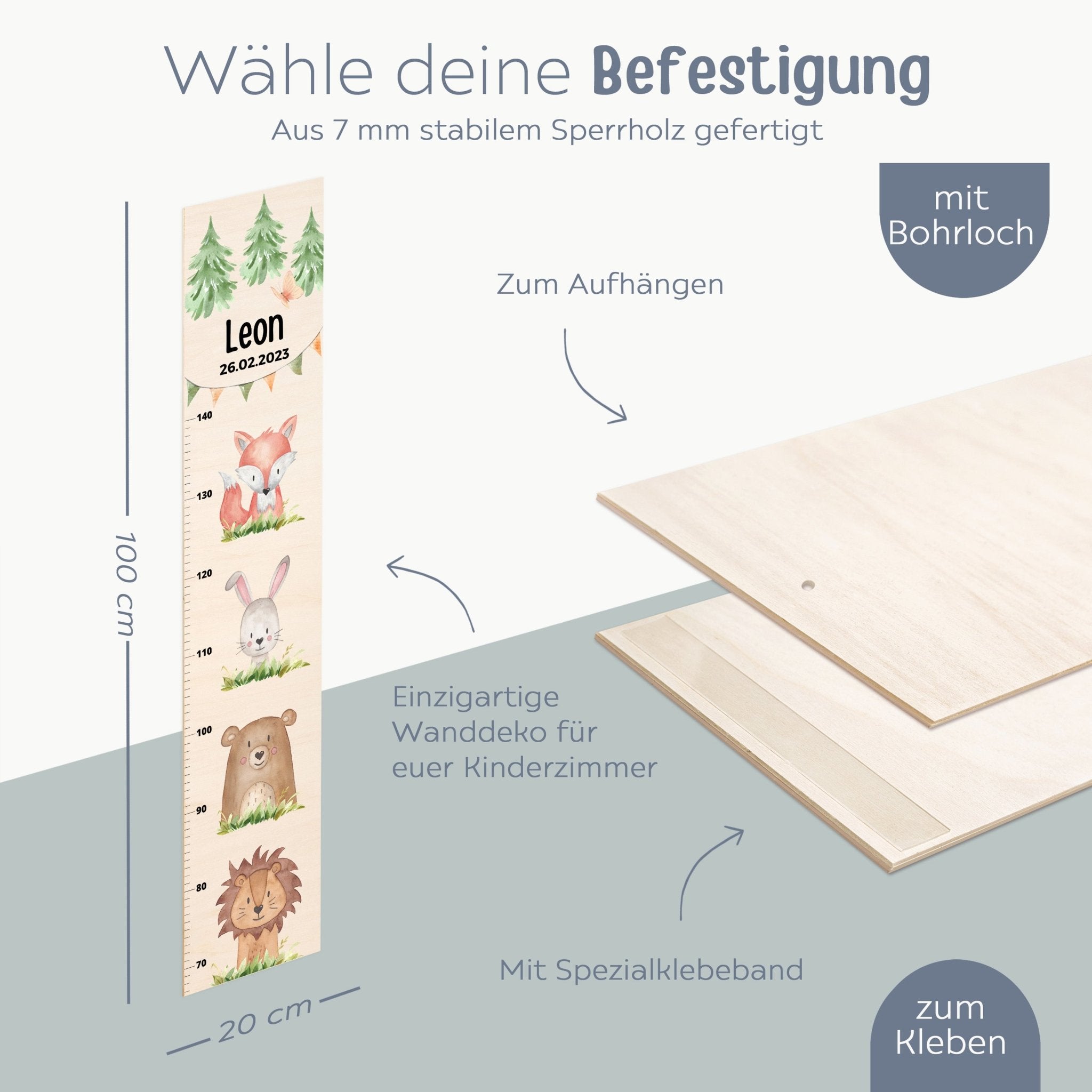 Kindermesslatte Holz personalisiert - Tiere übereinander Wald Aquarell - wunderwunsch