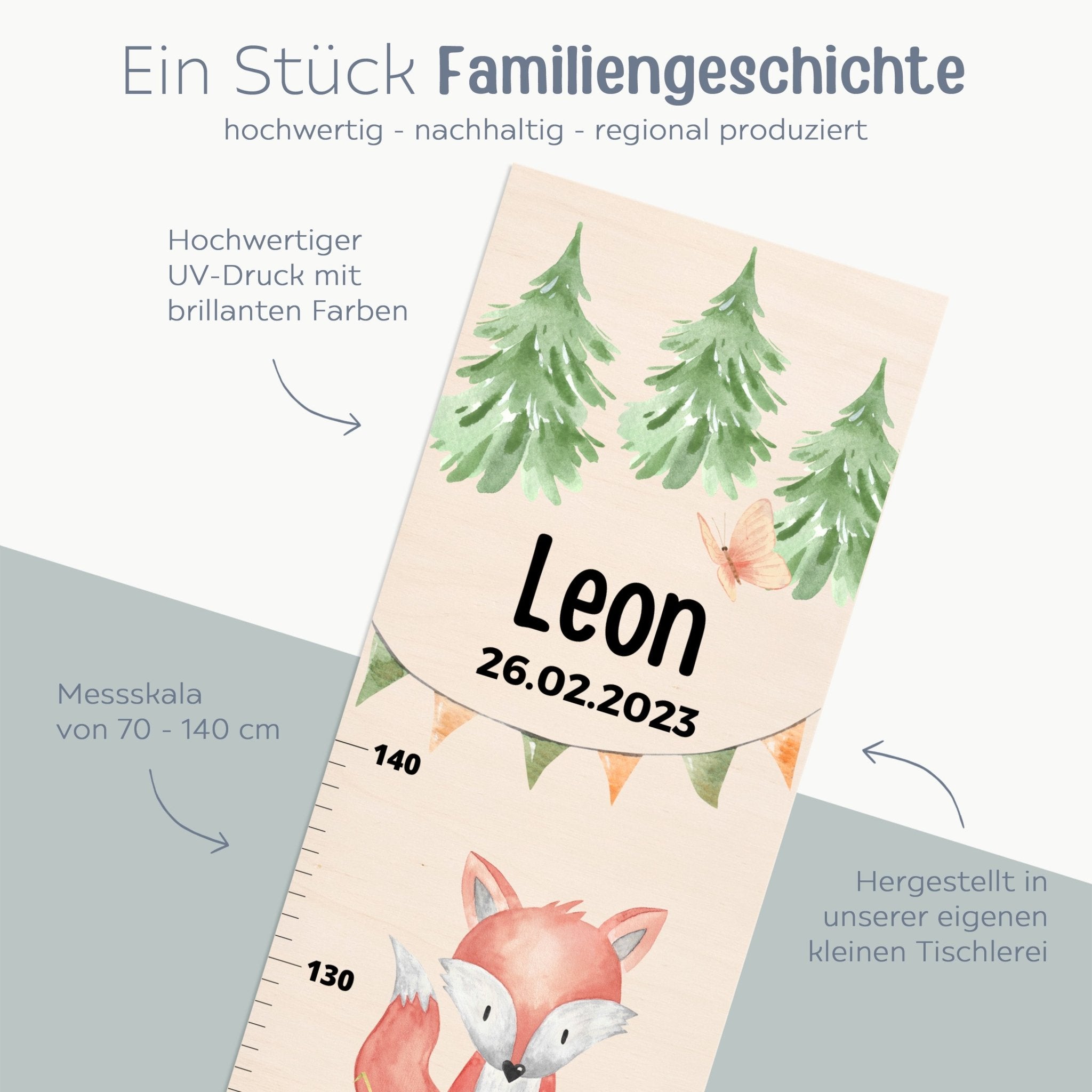 Kindermesslatte Holz personalisiert - Tiere übereinander Wald Aquarell - wunderwunsch