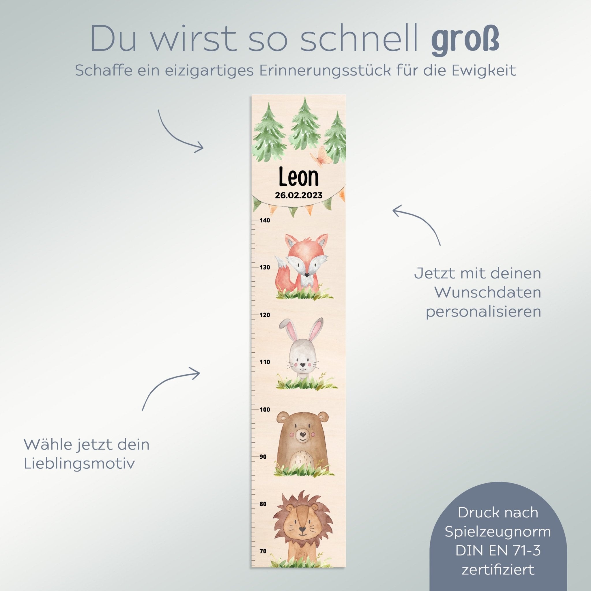Kindermesslatte Holz personalisiert - Tiere übereinander Wald Aquarell - wunderwunsch