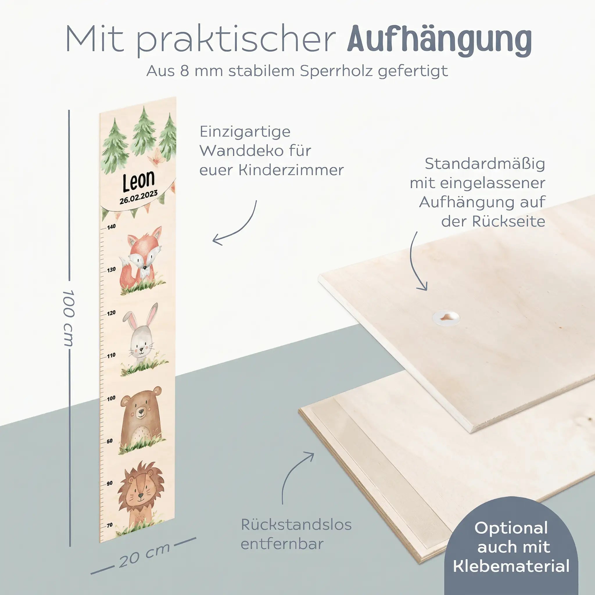 Kindermesslatte Holz personalisiert - Tiere übereinander Wald Aquarell - wunderwunsch