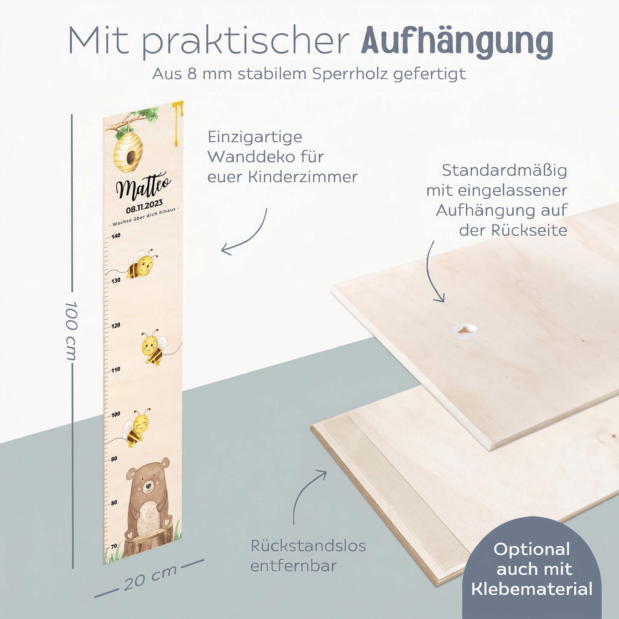 Kindermesslatte Holz personalisiert - Tierischer Gartenzauber Aquarell - wunderwunsch