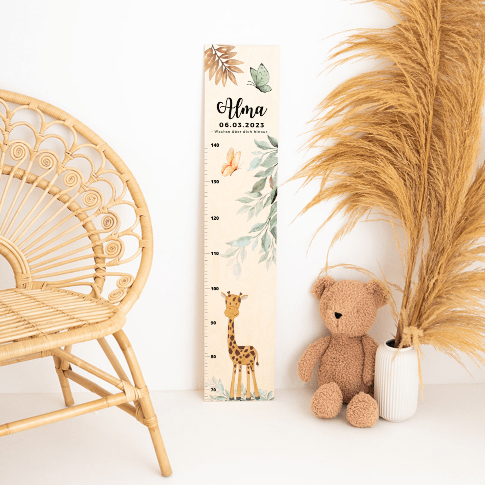Kindermesslatte Holz personalisiert - Tierischer Gartenzauber Aquarell - wunderwunsch