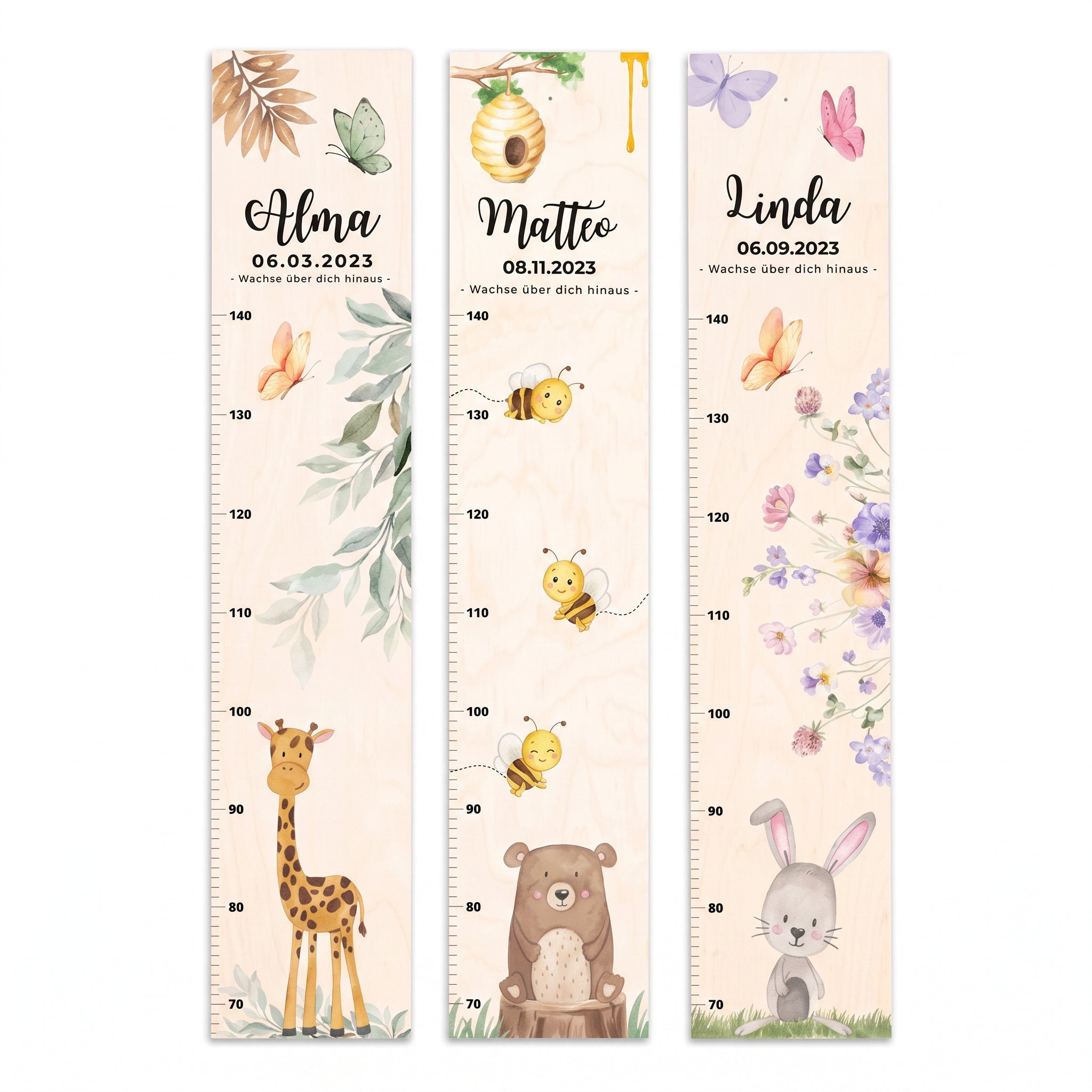 Kindermesslatte Holz personalisiert - Tierischer Gartenzauber Aquarell - wunderwunsch