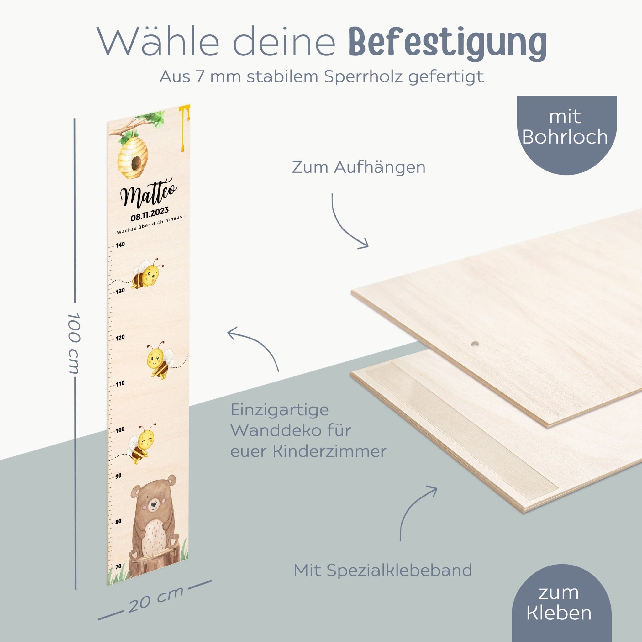 Kindermesslatte Holz personalisiert - Tierischer Gartenzauber Aquarell - wunderwunsch