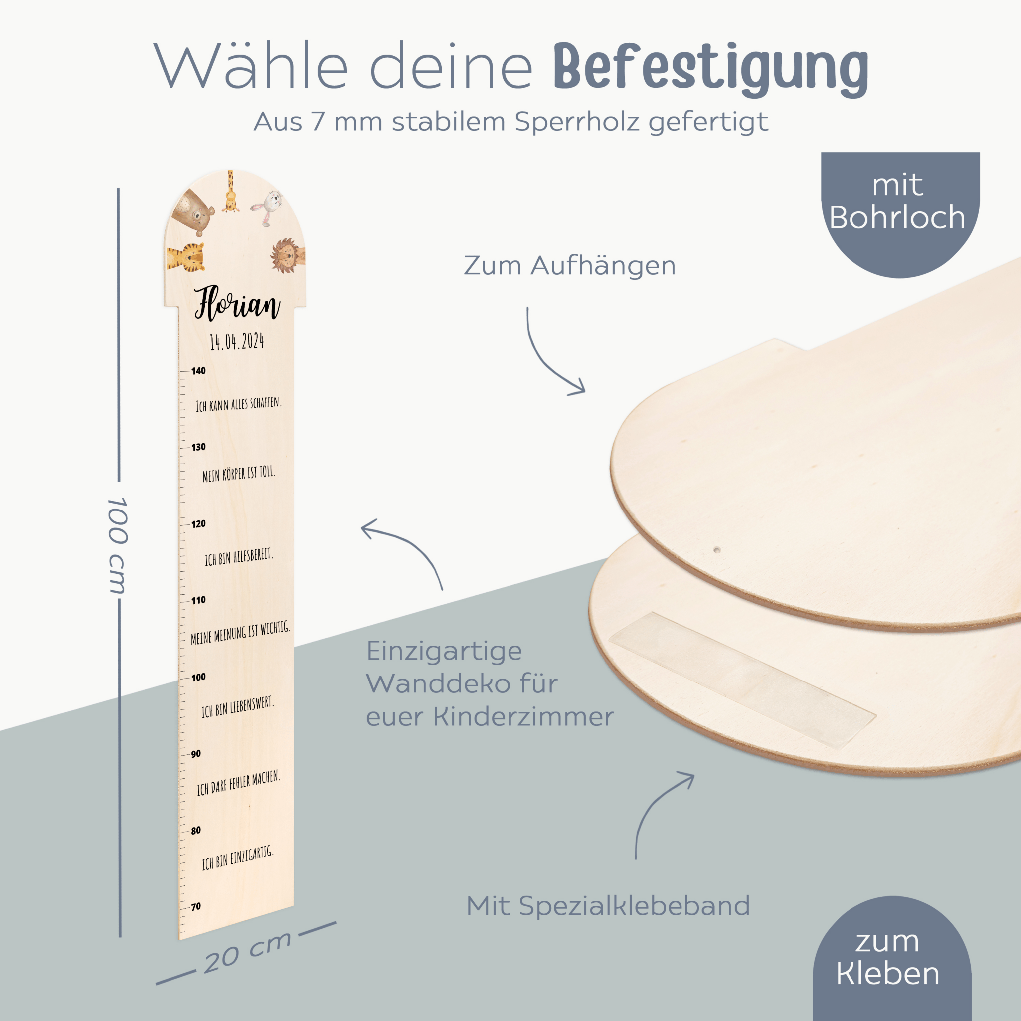 Kindermesslatte Rund Holz personalisiert - Tiere Affirmationen Aquarell - wunderwunsch