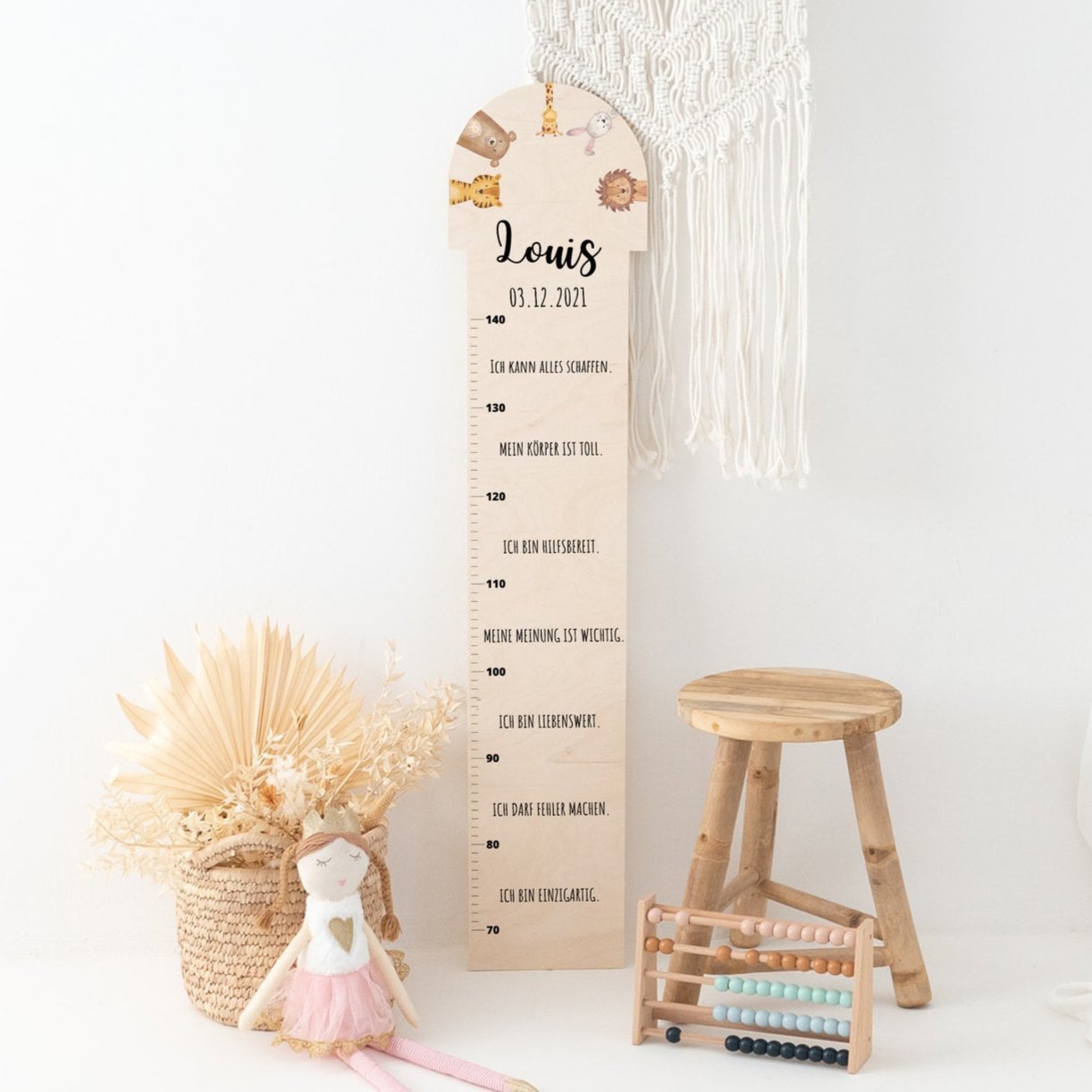 Kindermesslatte Rund Holz personalisiert - Tiere Affirmationen Aquarell - wunderwunsch