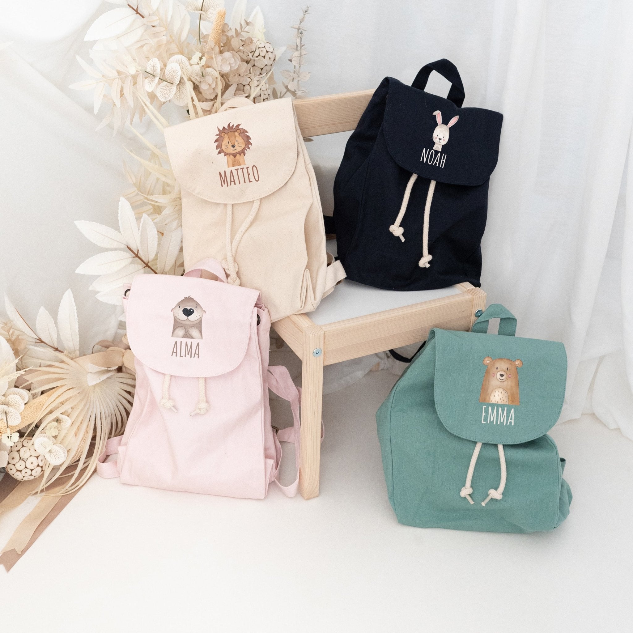 Kinderrucksack "Tier" (gerade Schrift) aus GOTS - zertifizierter Bio - Baumwolle personalisiert - wunderwunsch