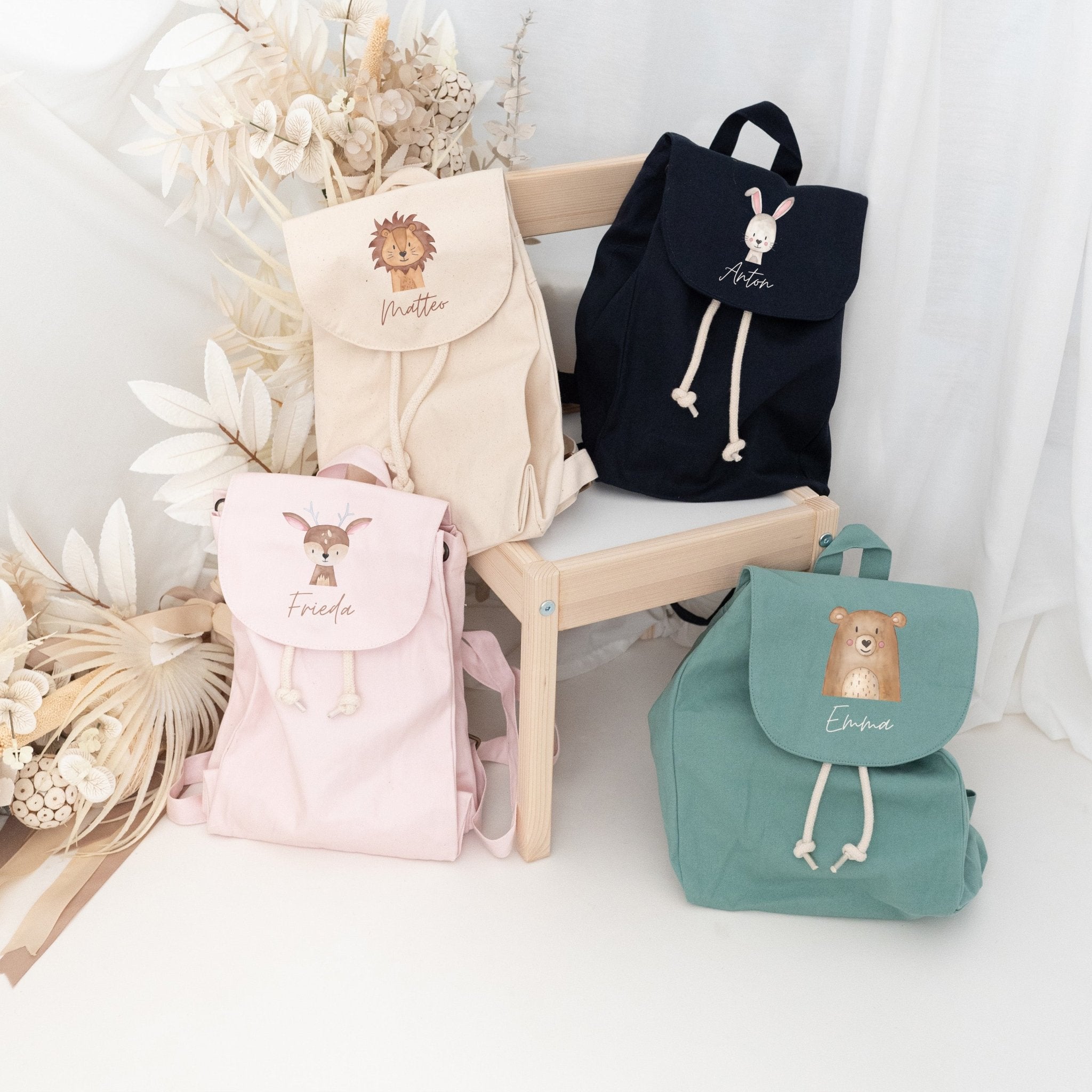 Kinderrucksack "Tier" (geschwungene Schrift) aus GOTS - zertifizierter Bio - Baumwolle personalisiert - wunderwunsch
