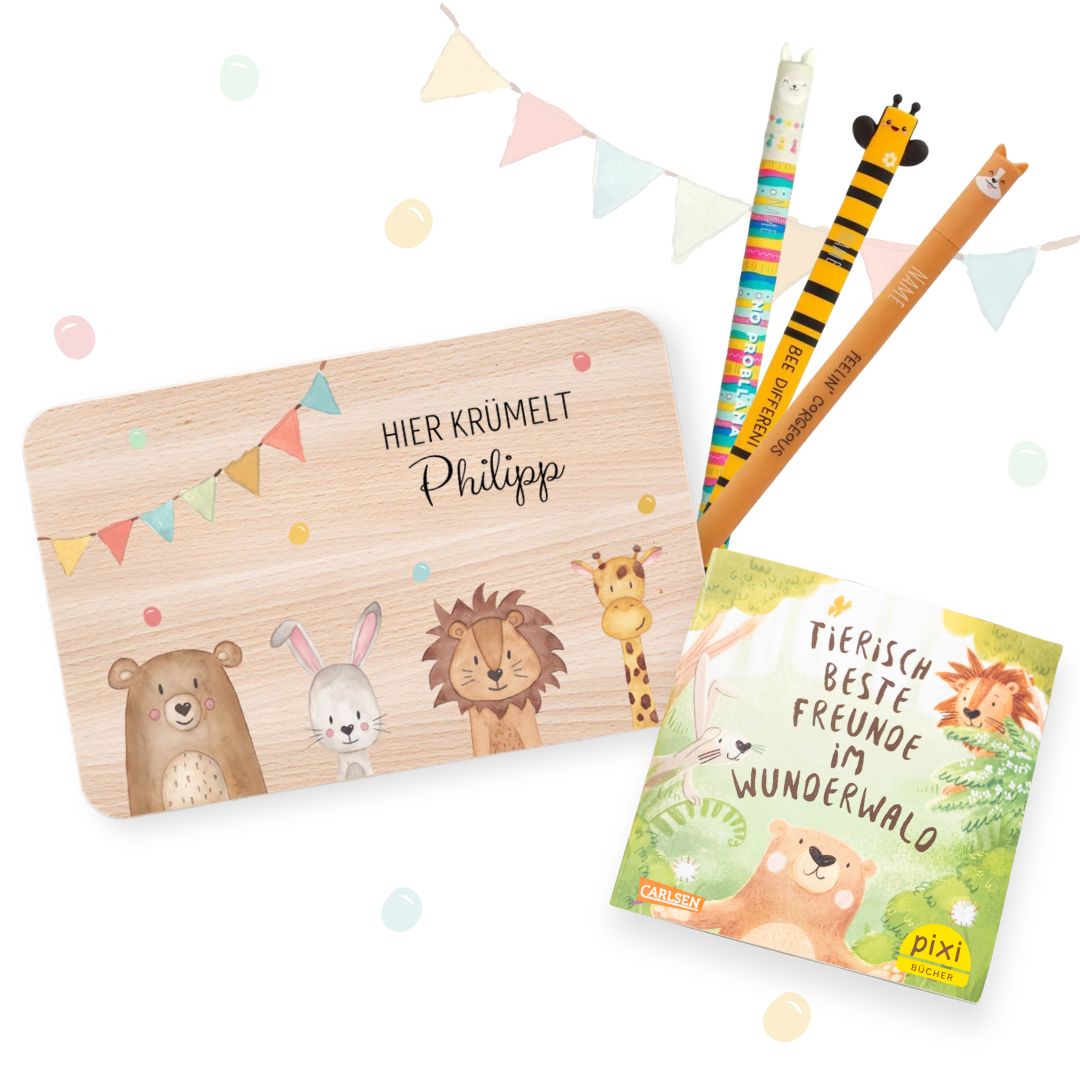 Kindertags Bundle - Frühstücksbrettchen + 3x Legami Stifte personalisiert + Pixi - Buch - wunderwunsch