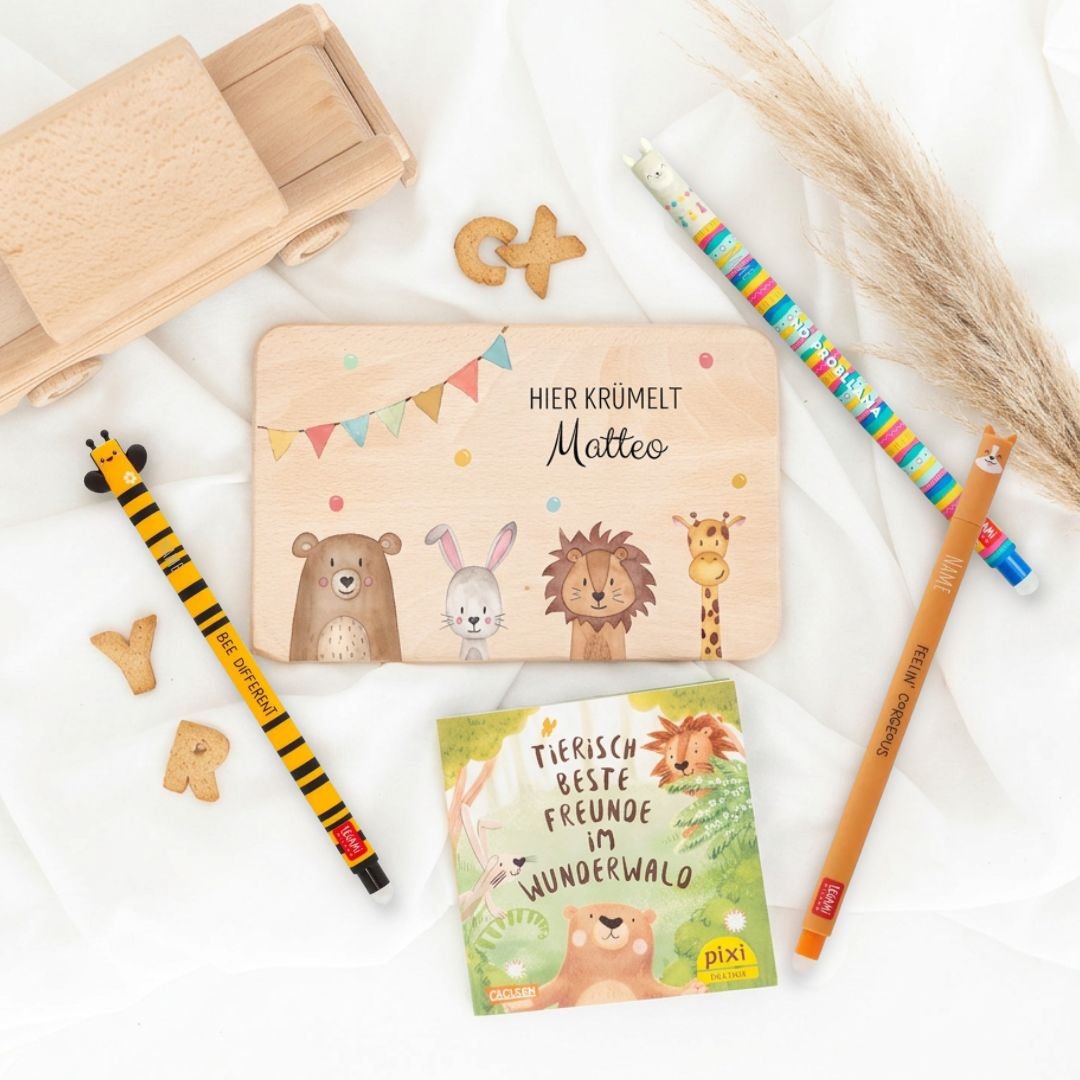 Kindertags Bundle - Frühstücksbrettchen + 3x Legami Stifte personalisiert + Pixi - Buch - wunderwunsch