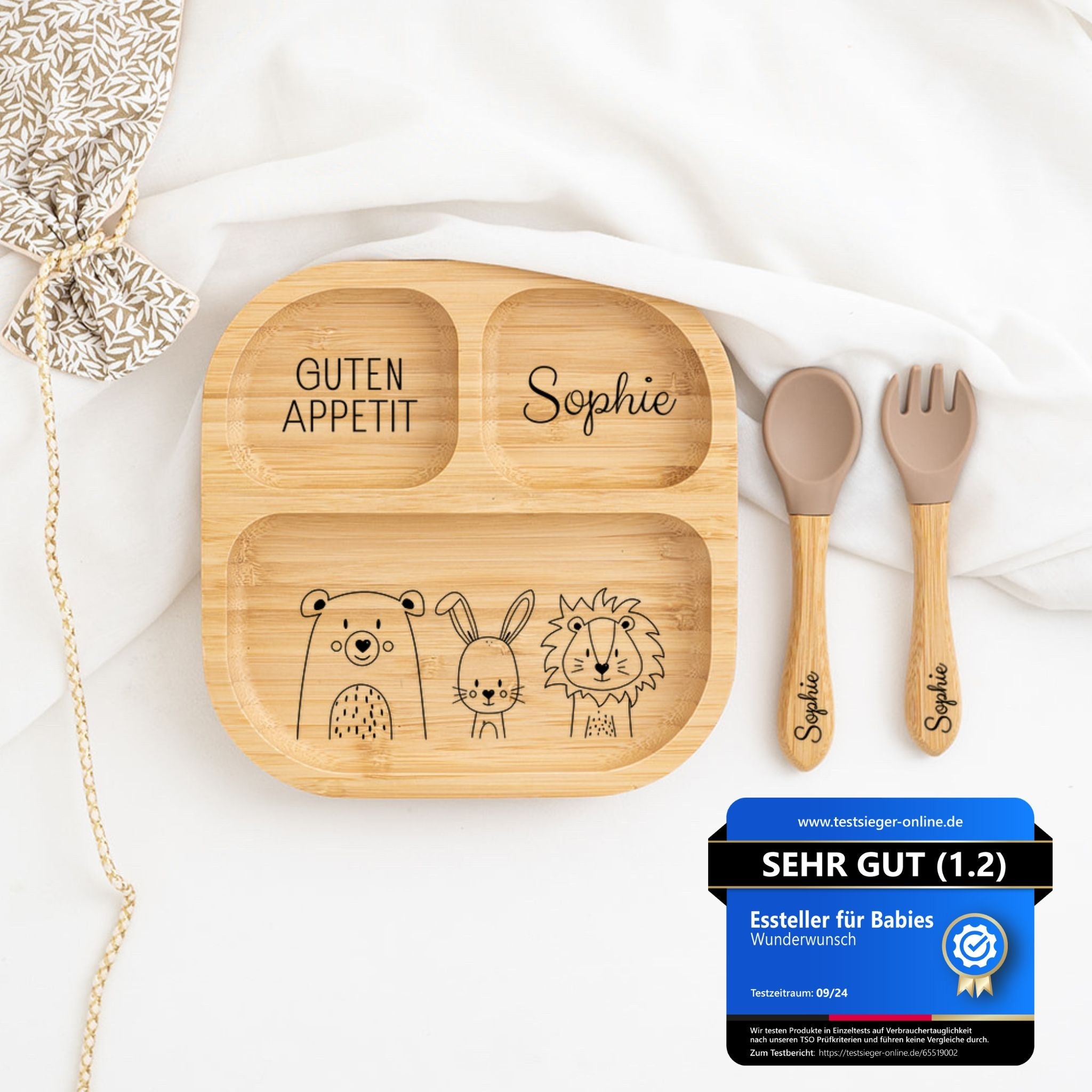 Kidsmood Kinderteller Mit Saugnapf & Personalisiertem Bambus-Besteck - Perfektes Geschenk Zur Geburt Oder Taufe