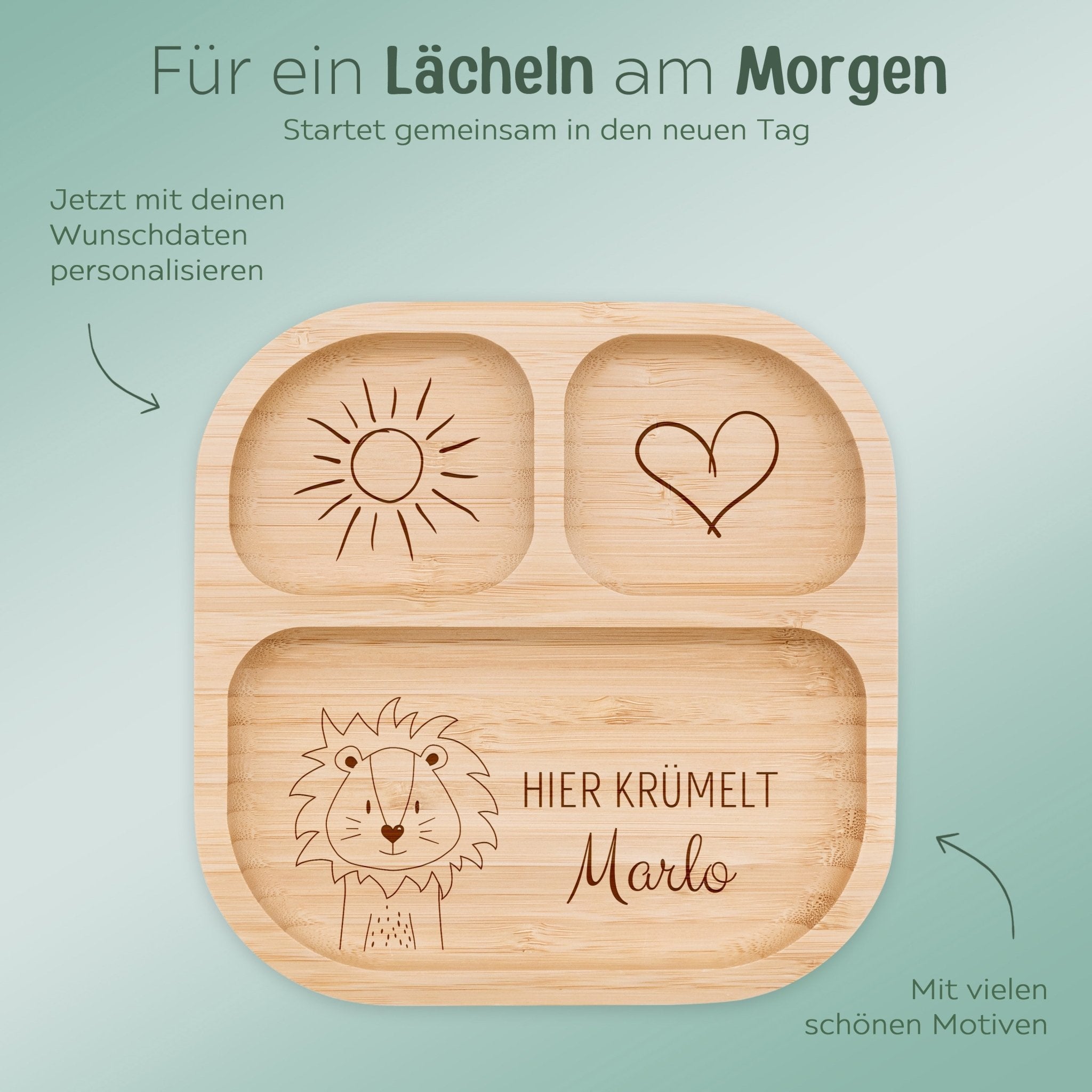 Kinderteller mit Saugnapf + Besteck - Sonnige Tierliebe Gravur - wunderwunsch